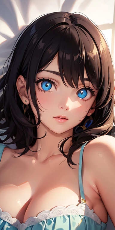 baby face, small breasts, short black hair,messy hair, (photorealistic:1.4), (masterpiece, sidelights, exquisite beautiful eyes: 1.5), masterpiece*portrait, realistic, 3D face,kawaii face,from above: 1.5、 (glowing eyes:1.5),(tareme:1.5)、Rosy Mouth,Slim Body, shiny hair, shiny oil skin: 1.5、large breasts:1.3,solo,(Lying on your back in bed)、(bodystocking)、(charactor focus:1.5、portrait)、cowboy shot,in bed