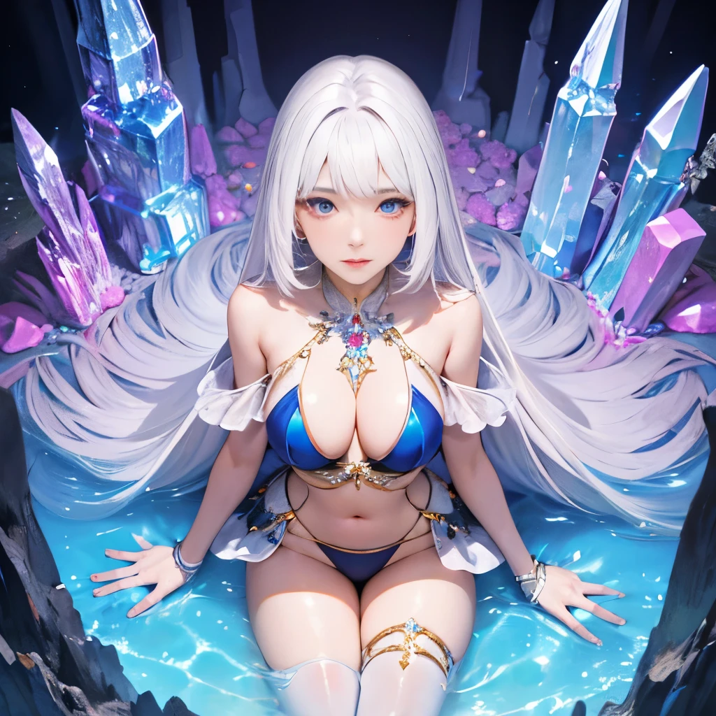 1girl, mature woman, crystal caves, cave full of crystals, phcrystal, sitting, best quality, masterpiece, white hair, body view, vivid colors, colorful bikini, long hair, lustful eyes, looking up