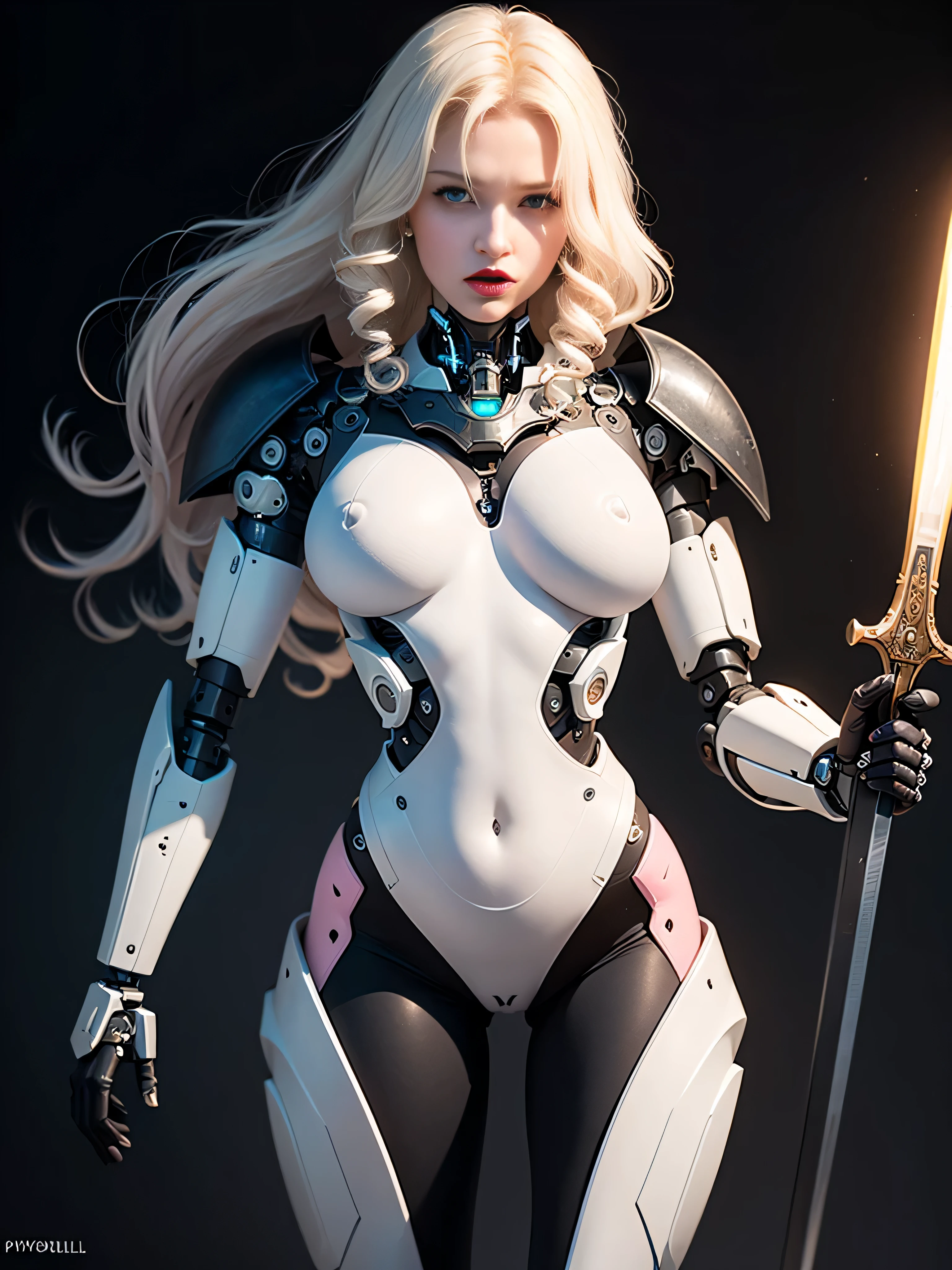 ((best quality: 1.5)) ((masterpiece: 0.8)), intricate details, sharp focus, professional, photorealistic, real life, realistic representation of the face, ((((solo, 1girl) athletic assassin, (albino, albino, lethal expression, pink lipstick, (mechanical arm, cyborg))))) bright glow, dynamic pose, gorgeous perfect face, in the style of realistic and hyper detailed renderings, zbrush, hyper realistic oil, contoured shading, dark room, dark background, black background, solo, BREAK; BREAK ((((aloof, ((long white curly hair, thin hips, skinny)))))), (freckles: 0.9), ((body tattoo: 0.7)), ((fujicolor)), BREAK; BREAK ((((futuristic (matte black paladin armor, (wrist bayonet, pretty vagina)), (underboob)), photorealistic, hyper-realistic))) BREAK; BREAK (((breast size: 0.3)))