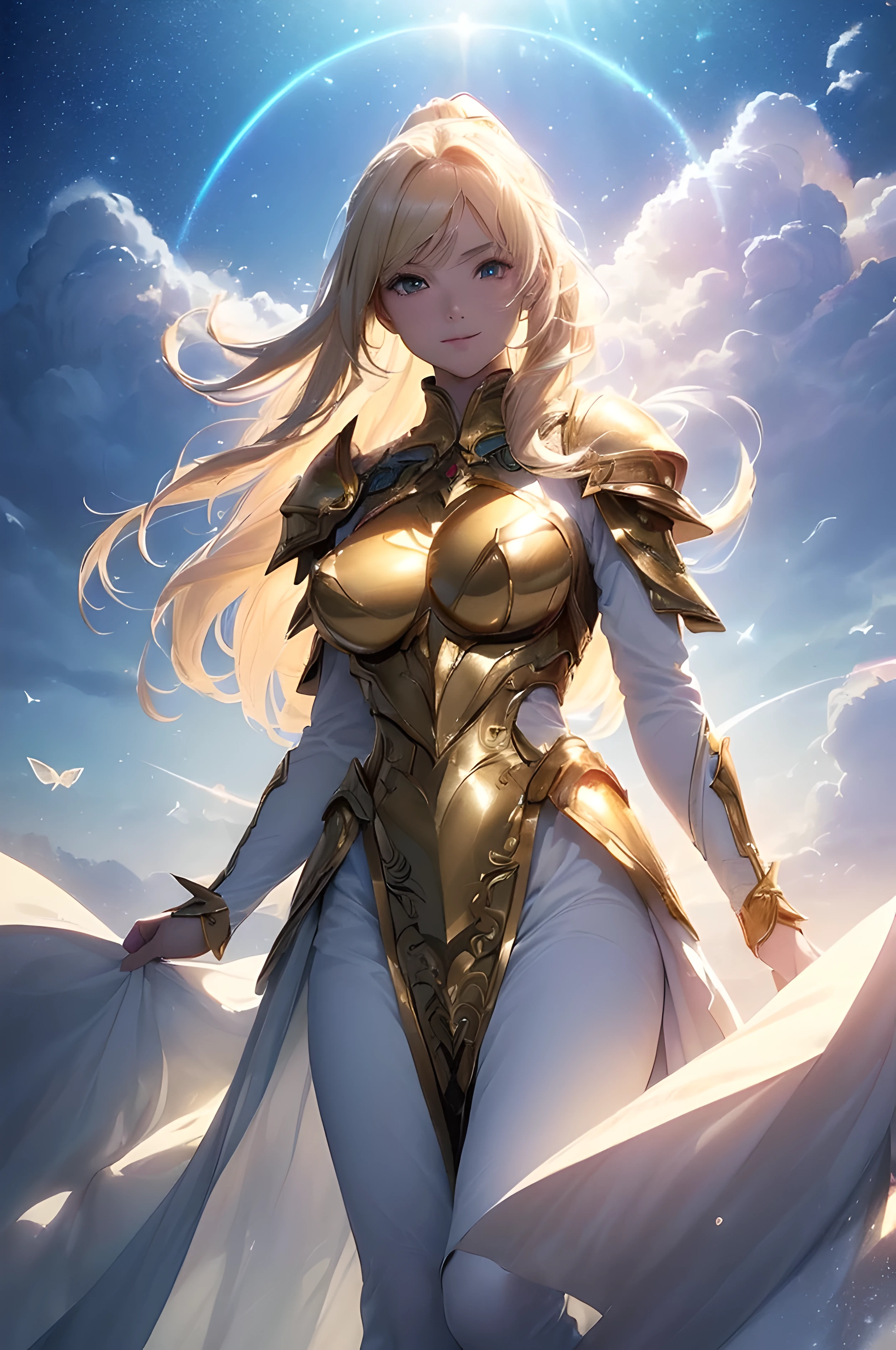 A beautiful woman, mysterious, ((((realistic oil art, 46-year-old Empress, fantasy, serious scene, vibrant look, (( Angel knight, shining knight, glowing knight, glowing armor, fine armor, intricate armor design, full body armor, full dress clothes, soft clothes, full body dress)), ((( soft gold details, silk, cinematic lighting, floating hair, sharp, prism)), 1girl, masterpiece, extremely detailed, (beautiful detailed glow), lens flare, golden flare lens, sun flare, clouds, backlighting, (glowing blue sky)
, light from behind, shadow on the figure, sparkling snow ,smile, laughter, standing in the distance, looking at the viewer, full-length
, elegance under the sun light, hair ornament, movement motion, image look alive, perfect body figure, very big breast, very big ass, beautiful face, milf, royal, blond color hair, silky hair, shining hair, shine eyes, golden eyes, ponytail long hair style, beautiful skin, Extremely details hair, fine details, cinematic lighting, beautiful lighting effect, creative design, full body frame, divine aura, hard harmony , moon light, perfect color transition, perfect balance of contrast, perfect color layer, perfectly smooth color blur, soft rendering, smooth color stroke, moon glare, optic lens, moonlight ray, soft colors, smooth colors blend, perfect color rendering, harmony, perfect color harmony, beautiful color, soft harmony, light particles, perfect details, intricate details, color prism, fine details, refine details, different view point, extremely details clothes))), Tachibana Omina art style, sharp eyes gaze, half a smile, slightly open mouth, a triumph expression, floating on the sky, stay on cloud, shining with a bright light, calm, breeze and sunlight, sun, clouds, butterflies in the sky, shining butterflies, realism, ((Best quality))),8k,((Masterpiece)),(Extremely refined and beautiful)