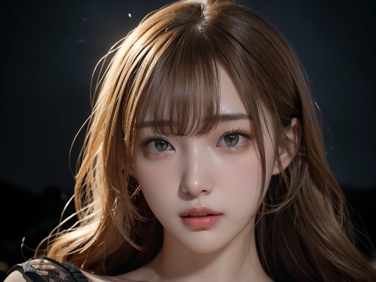 1girll, 160 cm,Korean JAV models ,23 years old,Soft body, blonde  hair, Wavy Hair,Whole body, hair grows to waist, Whole body,((From head to foot)),8K, Raw photo, Best Quality, masutepiece,Realistic, Photorealsitic,Cute(Front Focus), (In the Dark:1.6), photos realistic, Dynamic lighting, art  stations, poster for, voluminetric lighting, extra detailed face, 4 k'', awardwinning, 1girll, In the Dark, deepshadow, low tune, Cowboy Shot, Light blue sexy underwear、Colossal tits