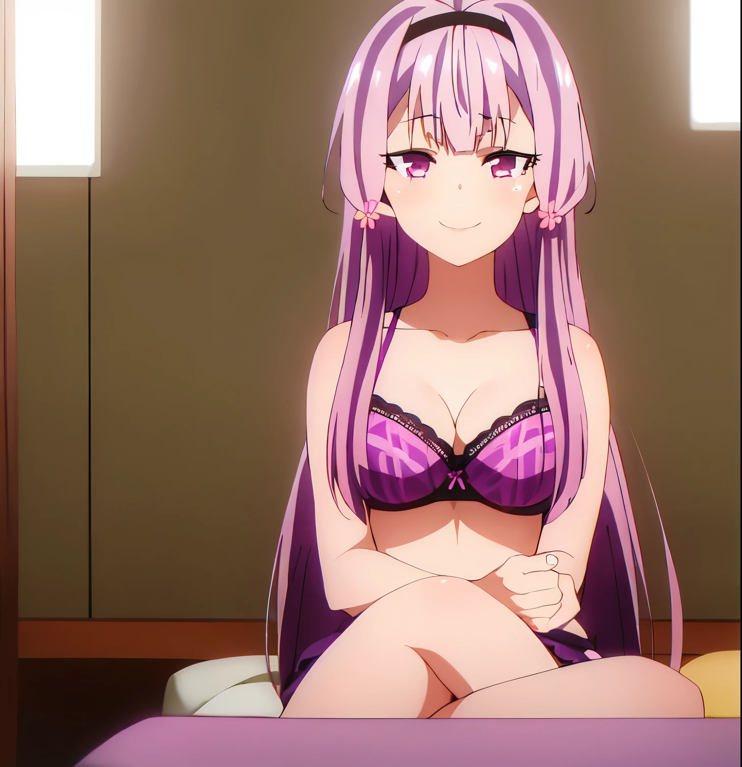 1 girl, alone, purple eyes, hair flower, hair ornament, headband, long hair, looking at viewer, light violet hair, smile, :d, alone, underwear, purple bra with lace, purple thong with lace , sitting in bed, legs crossed, night, good lighting, night lighting, sakura_akino,