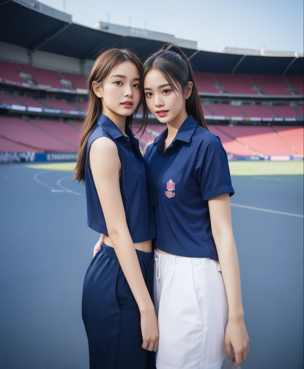 (bestquality,10,10,highres,masterpiece:1.2),ultra-detail,(Realistic,ภาพRealistic,photo-realistic:1.37),1 Cute girl in the football field,oily shiny skin,bara,light smile,BDclothelue shirt:1.3)),short sleeves,shirt, trousers.,(navy_long_ติดตามtrousers:1.1), ((Stadium Background:1.3)),dynamic angle,excited,face focus,Dynamic Poses,from behide,Ass Focus,masterpiece, bestquality, ultra realistic, hyper-detail, 8k resolution, RAW photo, crisp focus, ((Navy blue shirt:1.1)), short sleeves, เส้นทางlong, Complete bodyแบบ, 2 mature women, 18yo, cinematic light,trousersวอร์มสีน้ําเงิน,Gymware,Correct anatomy,Complete body, Correct body, sharp face, Correct bodyทางกายวิภาค, full entire body, Realistic gestures, long-haired, Realistic poses,Wear long shorts...........................................,ช่วงขาlong,Shapely,Sculpting Girl, Slender Figure, mannequin mannequins, Shapely, Beautiful body,trousersวอร์มสีน้ําเงิน, Two girls kissing