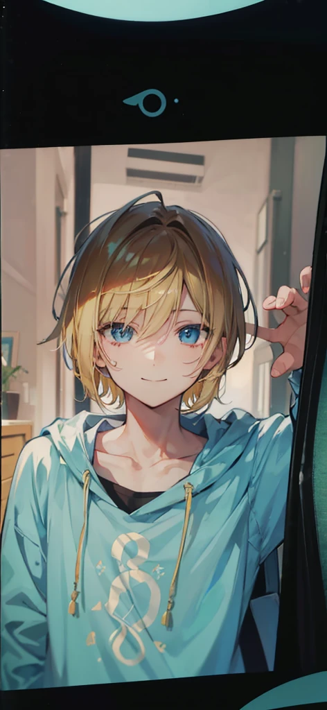 Best quality: 1.0), (Super High Resolution: 1.0), Anime boy, short blond hair, blue eyes, open eyes, smile