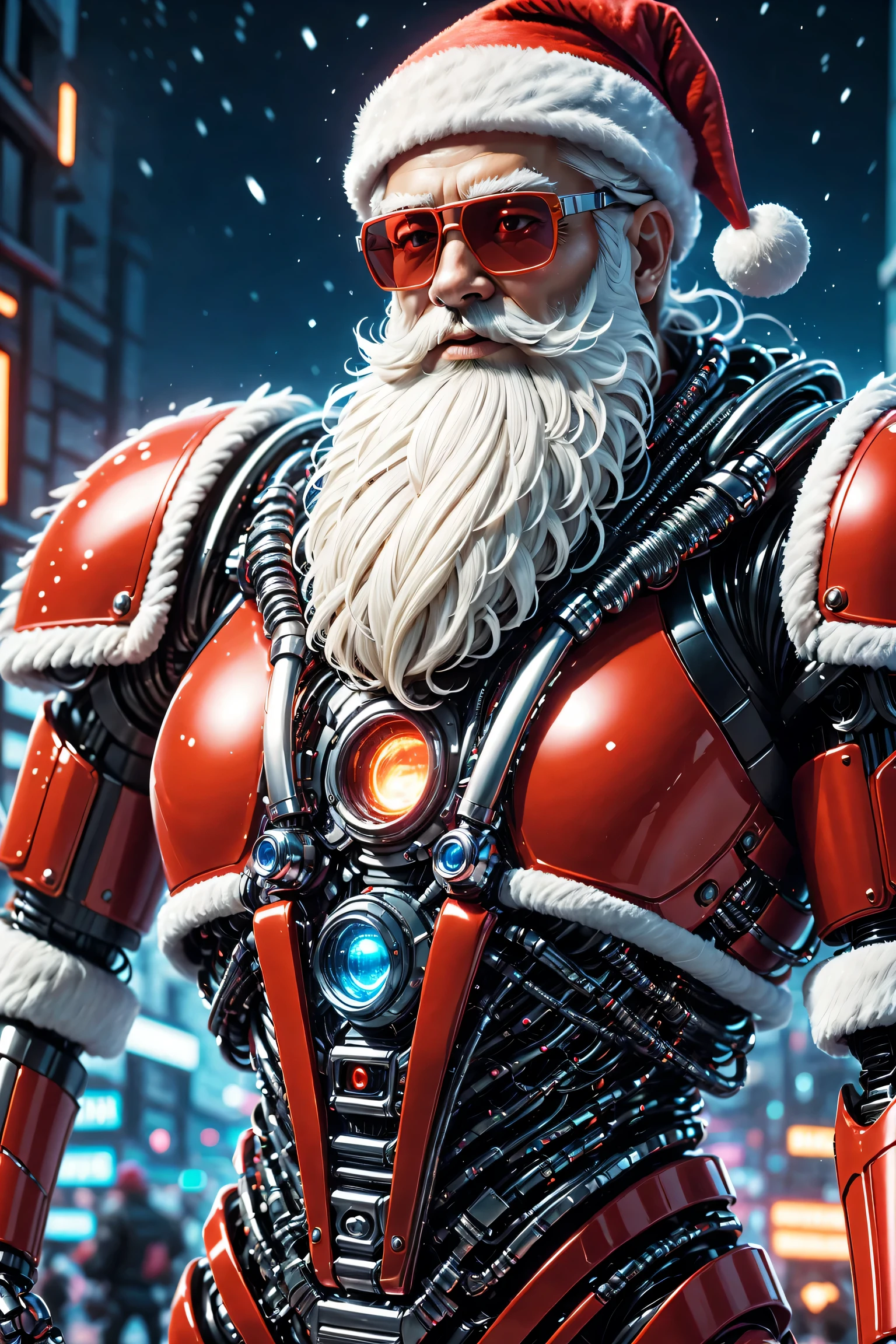 Warhammer 40K universe, cybernetic santa claus, Robotic arm with intricate details, Futuristic exoskeleton suit, Glowing red sunglasses, put on santa hat,Metal beard and hair, Neon lights light up the night sky, Pixelated snowflakes falling, ultra - detailed, A high resolution, HighDynamicRange, physically-based renderingt, sci-fy, vibrant with colors, futuristic lighting,(Best quality,4K,8K,A high resolution,tmasterpiece:1.2),ultra - detailed,(actual,photoactual,photo-actual:1.37).