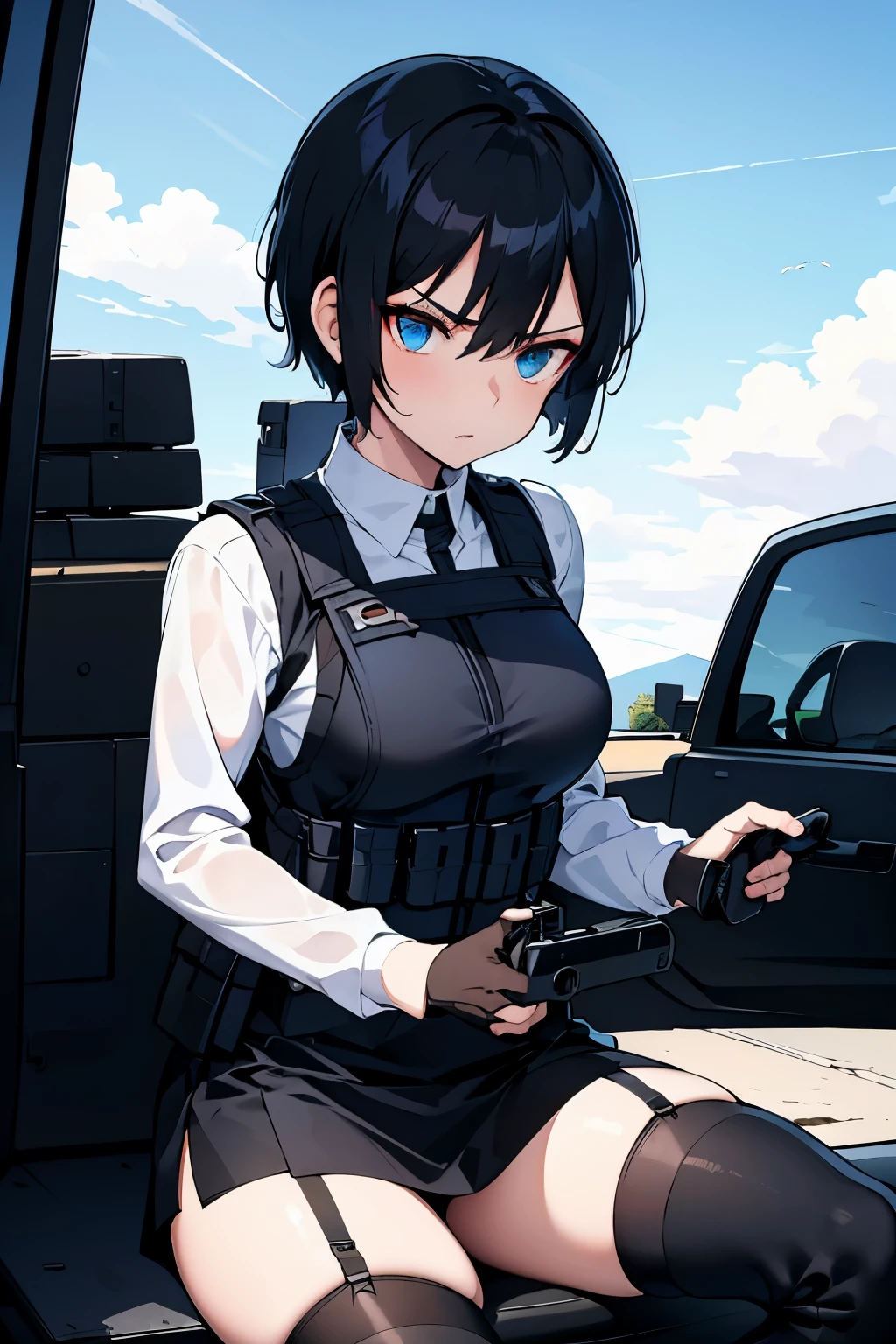 Best quality, expressive eyes, perfect face, woman, with black short hair, Wear a black tactical helmet, Fast googles above she head, sunglasses, white long-sleeved shirt, black skirt, wearing stockings, wearing a black bullet vest, full body, angry,