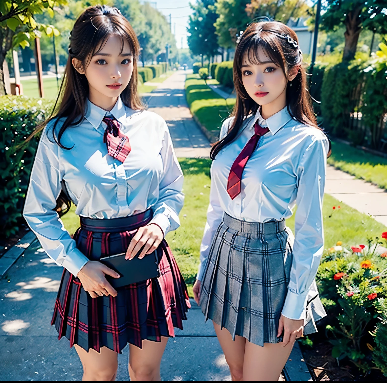 top-quality, 8K picture quality, masterpiece, A hyper-realistic, (Two girls side by side:1.2), Perfect body and firm big breasts, Bright whitening skin, A tight white stretch blouse made of stretchy material and a deep red ribbon tie., Micro mini pleated tartan check skirt, (the skirt is incredibly short:1.2), (おbuttockを突き出して自慢の美buttockを見せびらかす:1.3), (above the knee while standing), thin-waist, , White panties, buttock, Skirtliftv1