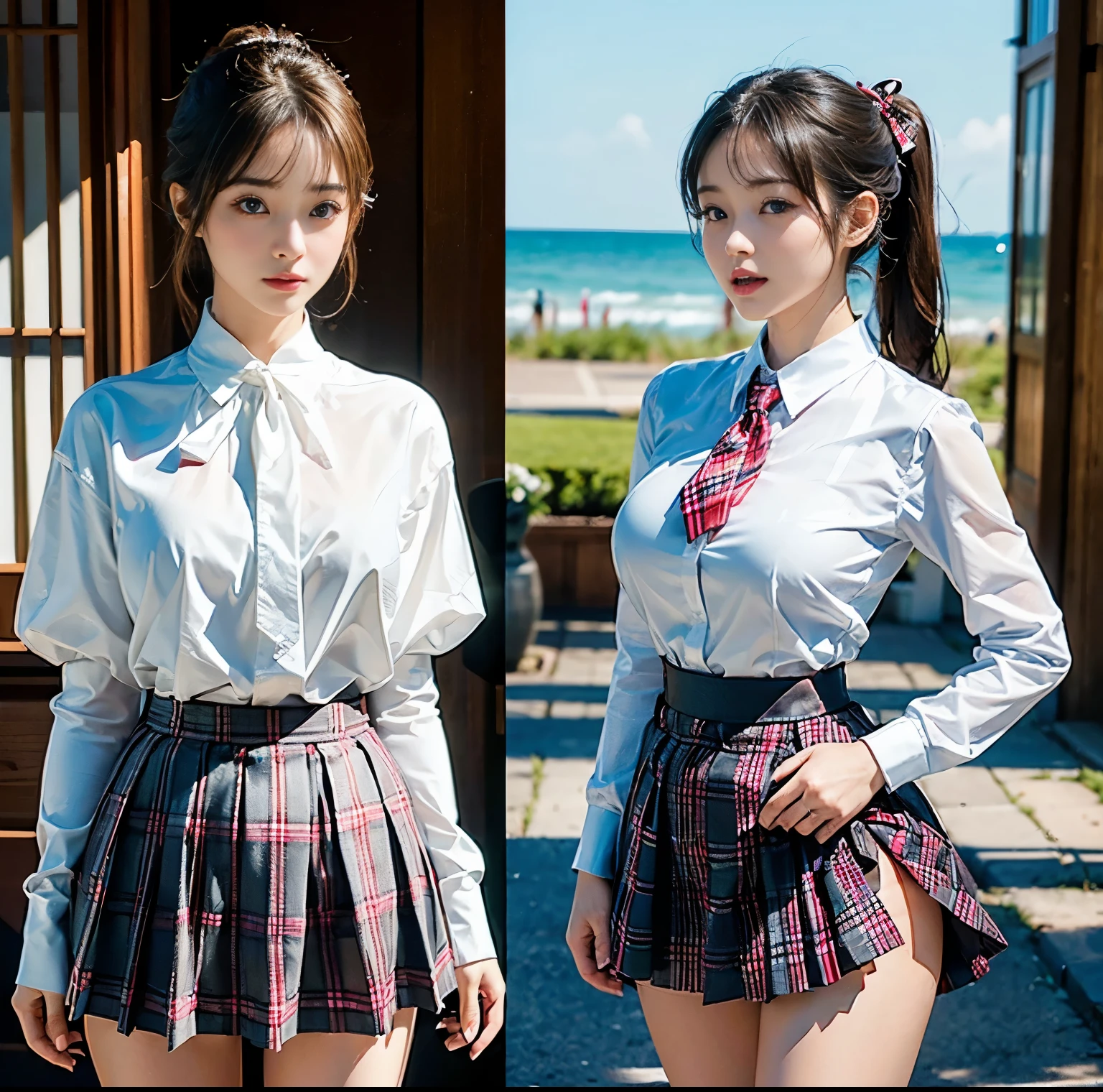 top-quality, 8K picture quality, ​masterpiece, A hyper-realistic, (Two girls side by side:1.2), (Super big breasts with tension), Whitening Skin, Tight white stretch shirt with crimson ribbon tie, Micro mini pleated tartan check skirt, (the skirt is incredibly short:1.2), (Stick out your butt and show off your beautiful butt:1.3), (above the knee while standing), Proud of her slim waist and white panties, Skirtliftv1