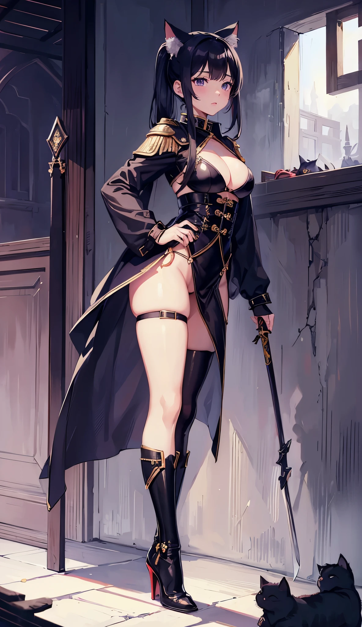 Cat-eared female warrior,closeup cleavage, The world of dreams, relic, 废墟, ,Girl with brown skin , wear on collar,Cat-eared girl, White-colored skin, High ponytail details,She wears a tight battle suit and bikini armor,a black cloak,Short white clothes skin color, a purple eye, black color hair, 凌乱的High ponytail details, black suspenders stockings,high-heels,Holding a long sword