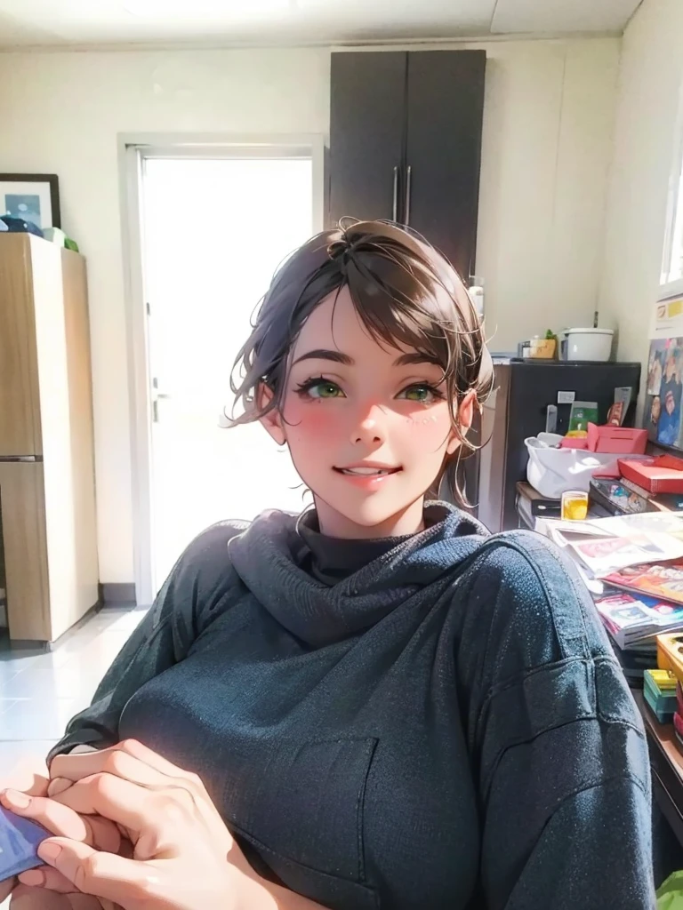 Best quality: 1.0), (Super High Resolution: 1.0), girl, short bl'rown hair,toothy smile, green eyes, face focus
