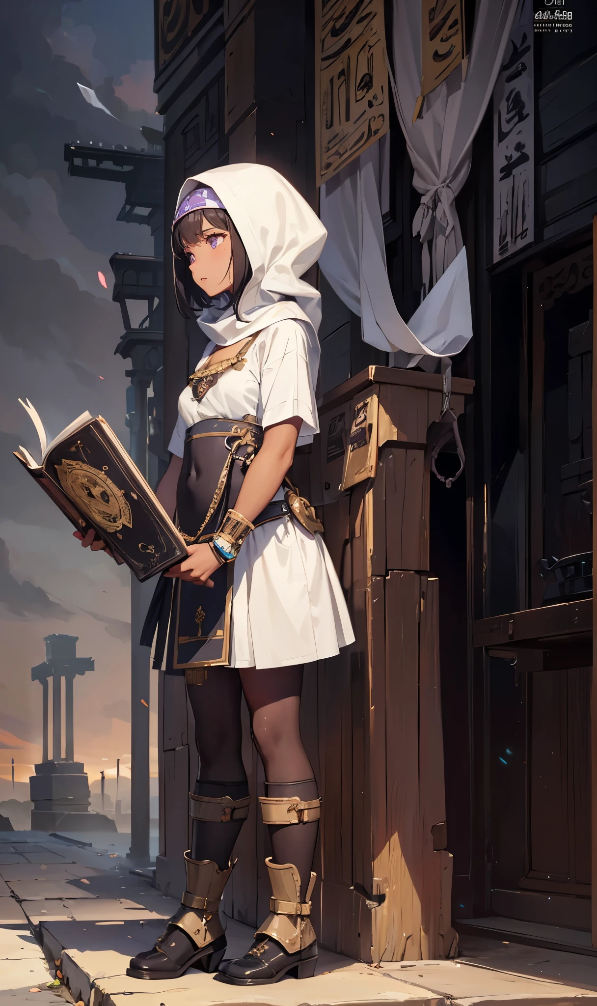 (sat on the ground：2.0)，legs separated，with brown skin，closeup cleavage, The world of dreams, relic, 废墟, ,with brown skin的女孩 , Wearing a loose white headscarf，Egyptian girl， with brown skin, Short hair details，She wears a tight battle suit and bikini armor,Short white clothes skin color, a purple eye, black hair color hair, Short hair details, black suspenders stockings，high heels boots，Holding a magic book