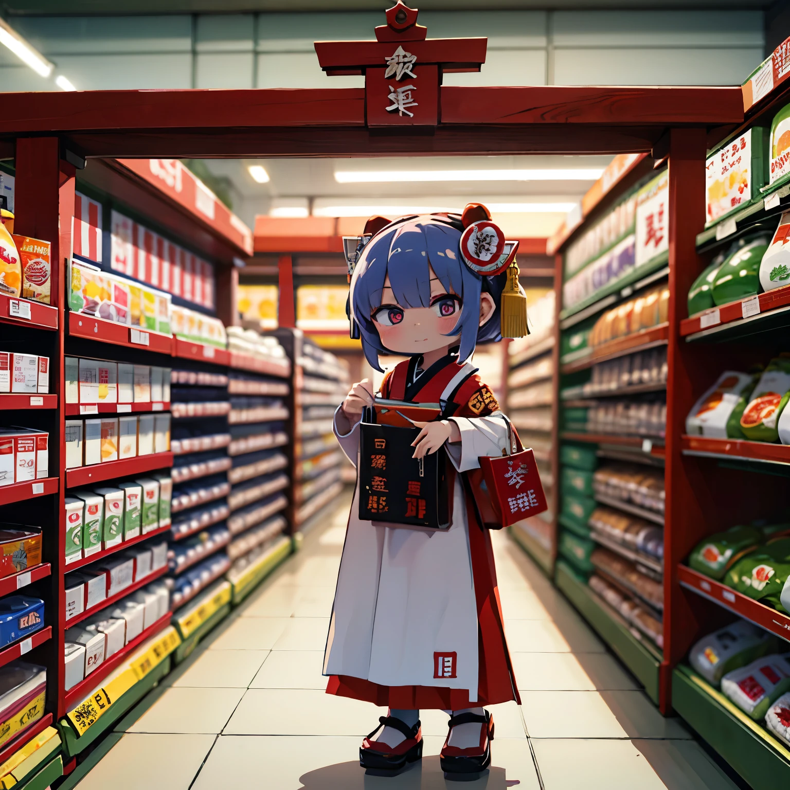 A girl wearing a shrine maiden costume is having fun shopping at the supermarket.