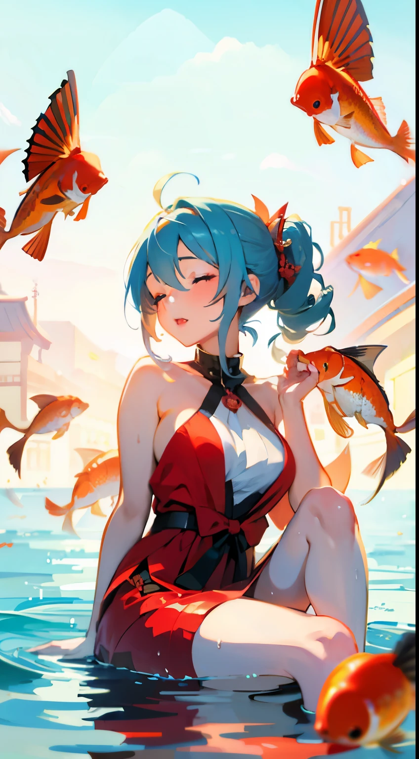 Anime girl in red dress sitting in water with goldfish,The girl closed her eyes, guweiz, A beautiful artistic illustration, Guviz style artwork, guweiz on pixiv artstation, author:By Yumi, guweiz on artstation pixiv, pixiv, Japan Art Style, floating koi fish, Pixiv Contest Winner, Digital art on Pixiv