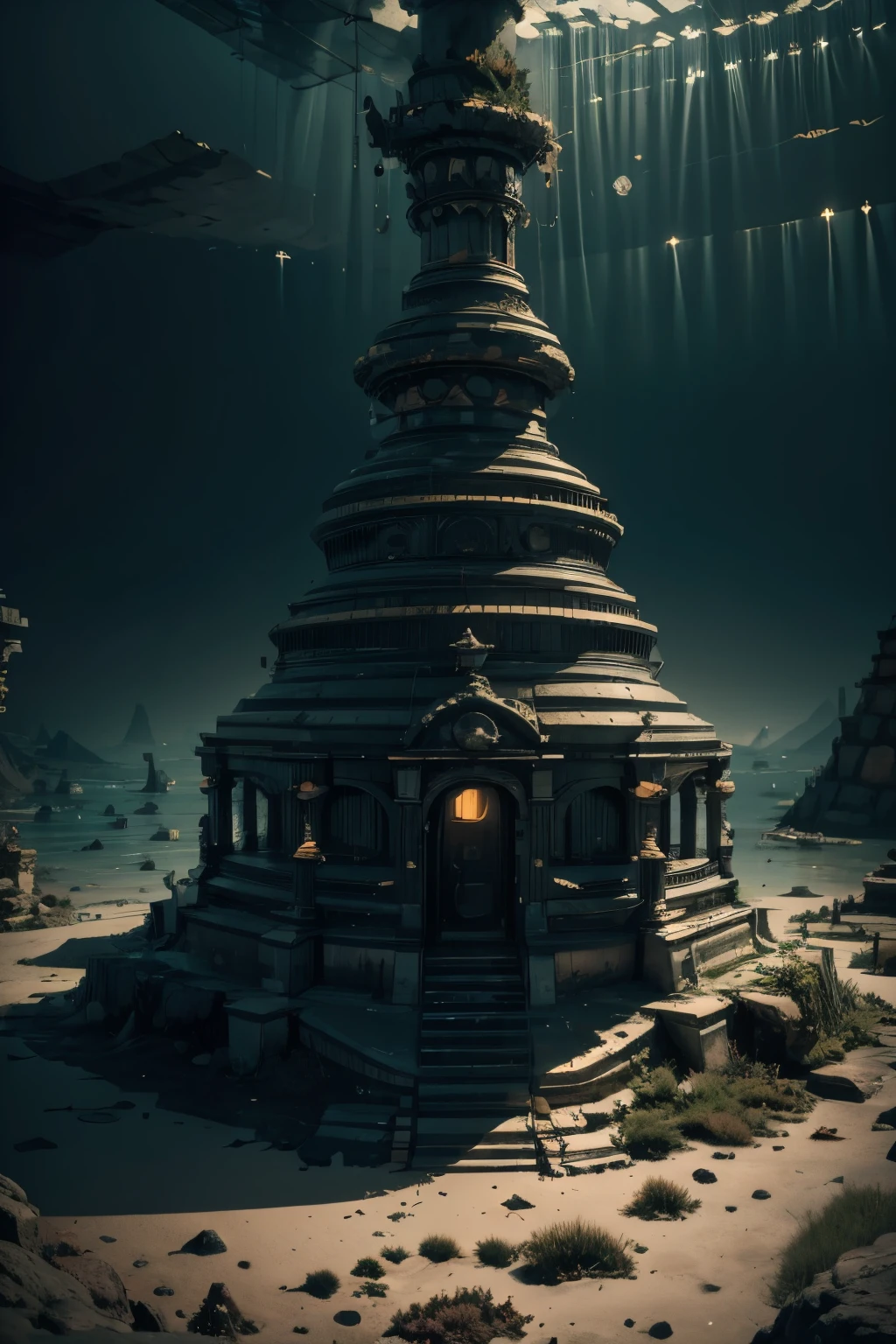 detailed ancient writings, dimly lit, ancient treasures, eerie atmosphere, hidden secrets, ancient artifacts, unique symbols, ancient architecture. (best quality, highres), surreal, mystical colors, dramatic lighting.