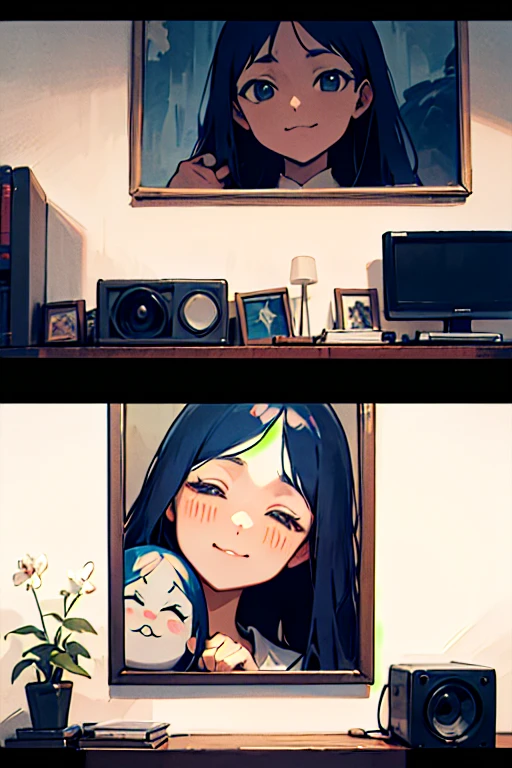 The Legend of Ares'A smiling photo hangs on the wall,Sadako climbed out of the TV on the wall,The sleeping girl holds a doll of The Legend of Ares,The Legend of Ares'Smiling photos in albums