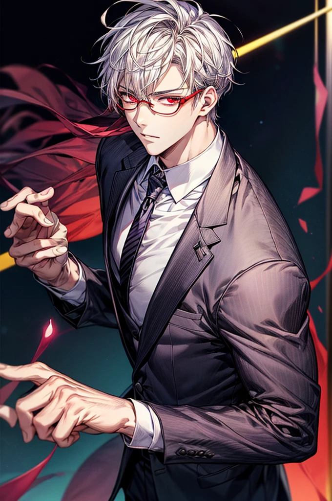 Depiction in motion、T hotel masterpiece，best qualtiy，1 male，As-，With short white hair，The shirt, seminude、anime handsome guy,Wearing a strict business suit, Dark suit, Handsome anime pose in suit and tie, Handsome stunning realistic,Red eyes、eye glasses