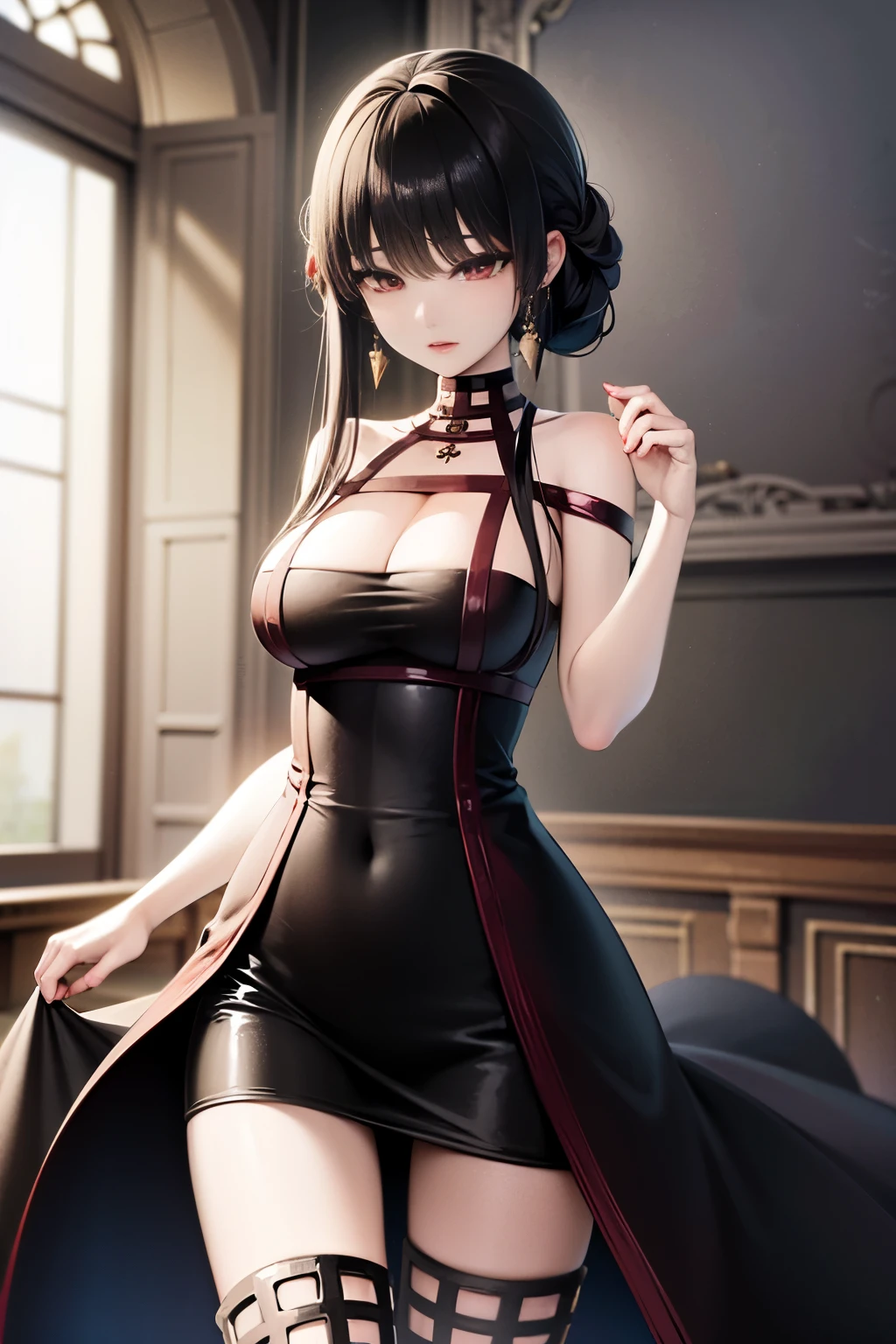 (Masterpiece:1.2, high quality), (pixiv:1.4), (1girl:1.2), (solo:1.2), (smooth:1.2), (Yor forger), (confident), slightly blushing, glossy lips, red eyes, black eyeshadow, pale white skin, black hair, bangs, bangs over eyes, collarbone, off-shoulder long frock, black clothing, slightly exposed cleavage, (medium breasts:1.2), (pov thighs), view feom below, looking away, slim waist, ultra detailed, soft lighting, high contrast, blur, highly focused face, (detailed face), intrinsic details, vivid colors, HD, 4k, artistic background, background wall with black and white stripes