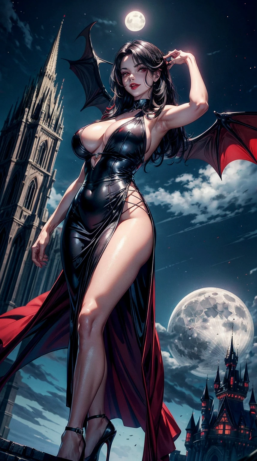 30 year old women, white skin, red eyes, majestic eyes, double eyelashes, glossy red lipstick, bat wings, straight black hair, evil smile, castle in background, moon light, black sleeveless gown, slit gown, clevage, thick thigs, black high heels, night, dark clouds, natural moonlight, front view, full image, 8k, high resolution, super detailed skin, HD, super detailed hair, super detailed eyes, super detailed gown,