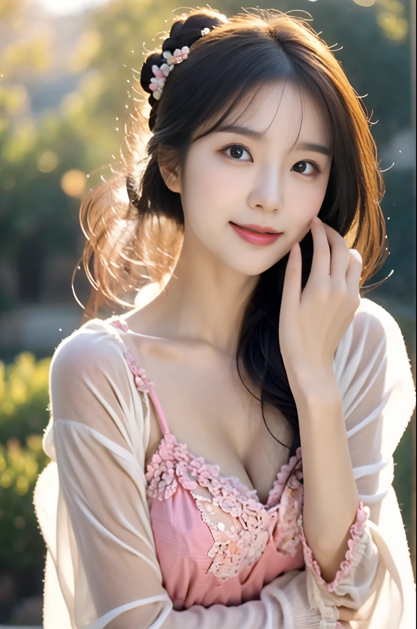 (真实感),(of a real: 1.4), Best quality at best, illustratio, ultra - detailed, finely detailled, A high resolution, 8k wallpaper, Perfect dynamic composition, Full body photo,appearance: Fresh and natural:秋天甜妹的appearance通常给人一种Fresh and natural的感觉,Fair and translucent skin,Bright eyes,The whole person looks youthful。Warm sunshine:她的笑容Warm sunshine,Make people feel comfortable and friendly。Energetic:She is always full of energy,Light steps,It gives a positive feeling。
clothes:
Soft material:秋天甜妹的clothes材质通常以柔软为主,Like cotton、hemp、chiffon etc.,Make people feel comfortable and natural。Warm colors:她们的clothes色调偏向温暖,Such as beige、Light coffee color、pink etc.,Give people a feeling。fashion elements:她们的clothes中常常融入fashion elements,Such as ruffles、Lace、Bows, etc,Show a sweet personality。Makeup: Clear base makeup:秋天甜妹的Makeup通常以清透自然的底妆为主,Highlights skin's natural glow。Soft eye makeup:Eye makeup,They choose soft colors,Such as pink、beige, etc,Create a cute and sweet feeling。Lip makeup:Lip makeup方面,the color they usually choose,Such as pink、Peach color etc.,Add sweetness。