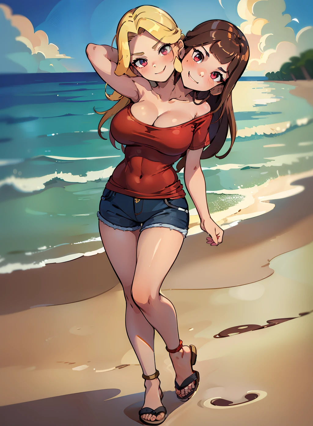 best quality, (masterpiece),(ultra-detailed), (high quality), (high resolution), (2heads:1.5) Gal, blonde hair, brown hair, medium breasts, thighs, cleavage, demin jeans, full body,best quality:1.5, highres, UHD, 4K), smiling, ((red t shirt)), sandals, gold jewelry, beach background, ((full body)), ((sexy pose)),((strong and seductive expressions)), (petite figure), detailed eyes, teenage girl