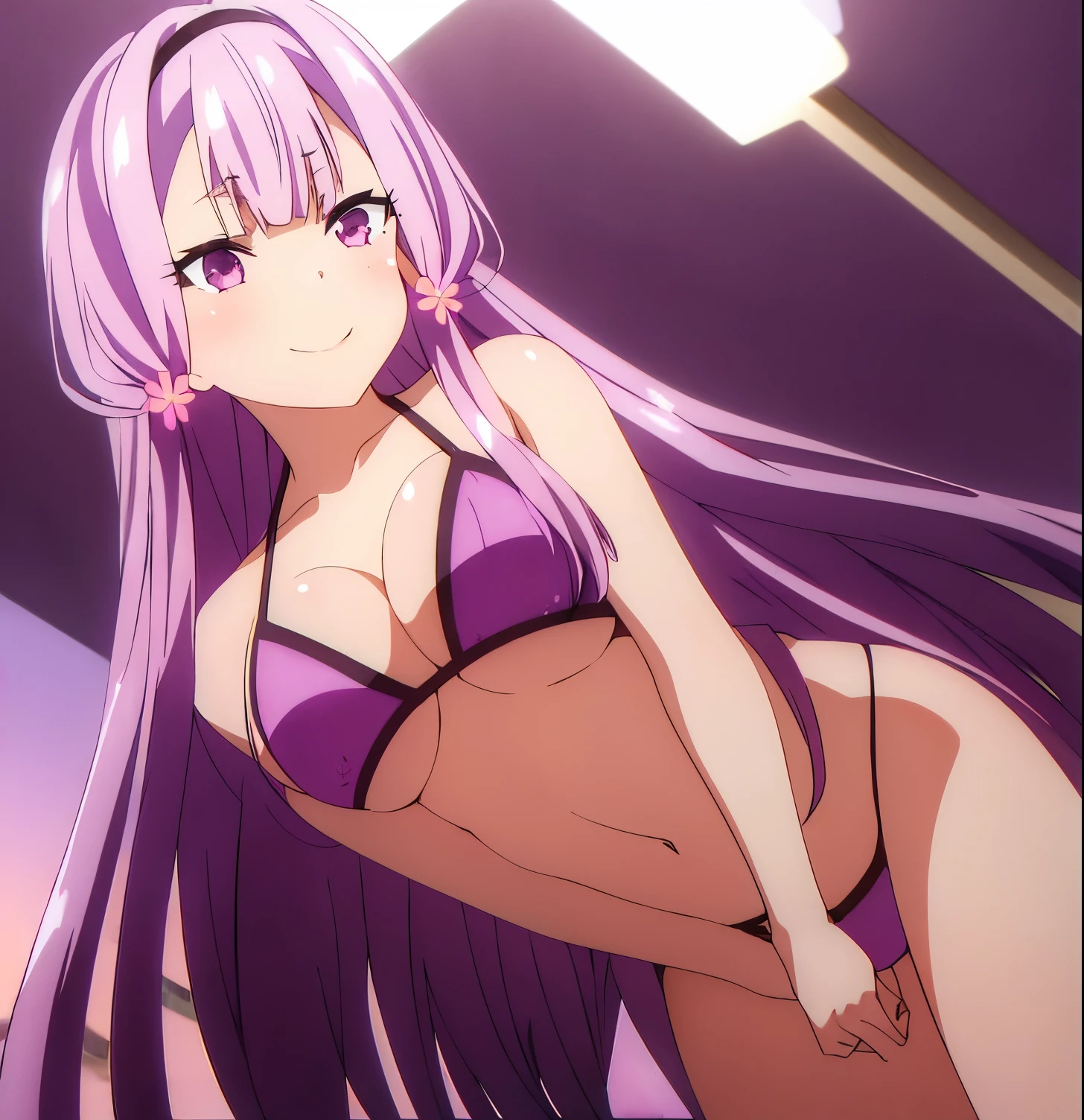 1 girl, alone, purple eyes, purple hair, hair flower, hair ornament, headband, long hair, looking at viewer, light violet hair, smile, :d, alone, lilac bikini, lilac bra, lilac thong, sea, beach, lying on the sand, sunset, good lighting, illumination, sakura akino, seductive, smiling, mouth closed