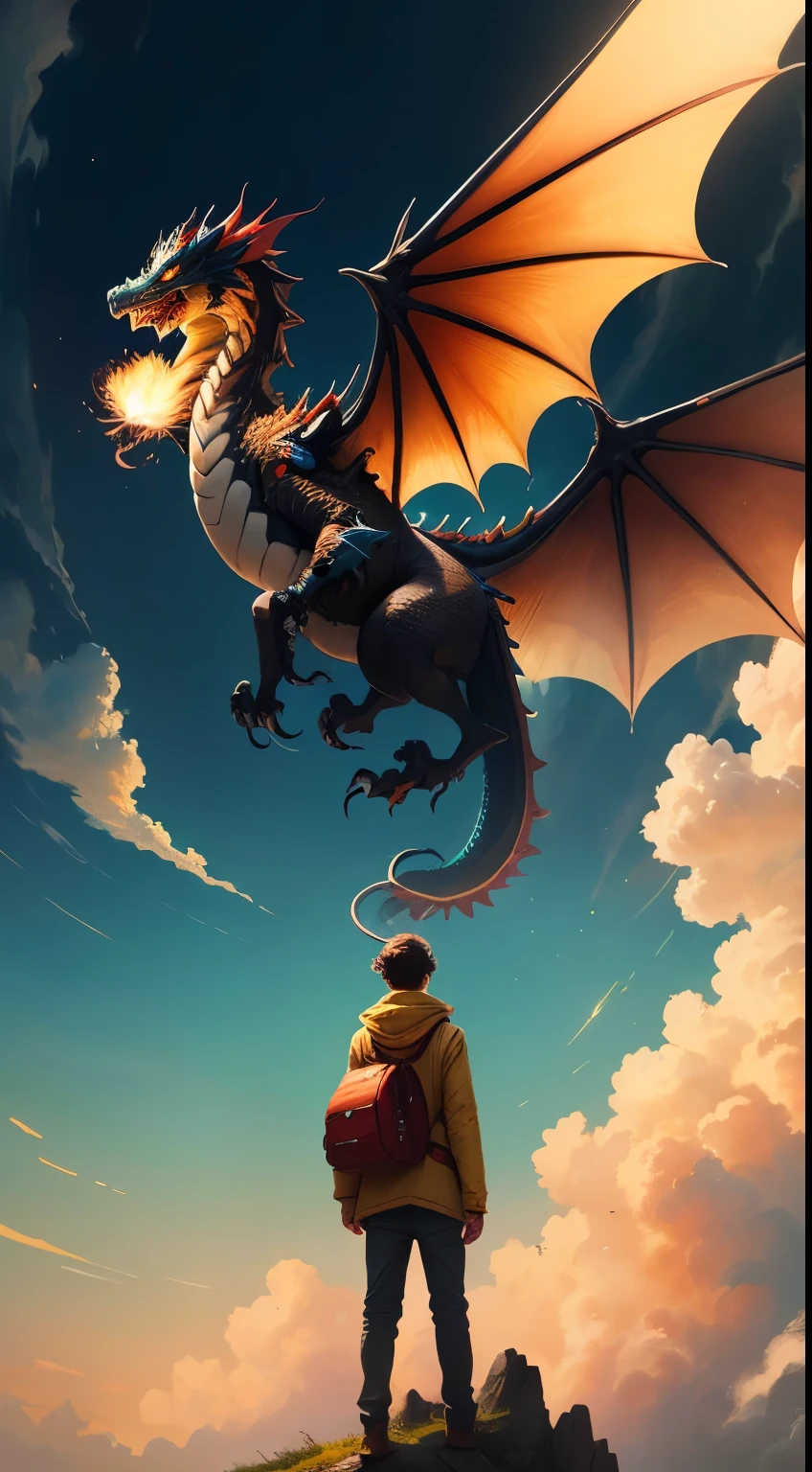 Chinese red dragon rises into the sky, The boy manipulates the dragon, Boy standing on a cliff, With his back to the camera,Clouds in the sky surround everything,Light magic,Fantastic background,Meaning background,Ridiculous background,There are artistic overlays,Colorful hair, hyper realisitc, 电影灯光, Ray traching, god light, speed-line, angle of view, hyper HD, tmasterpiece, Best quality at best, super detailing, A high resolution, high qulity