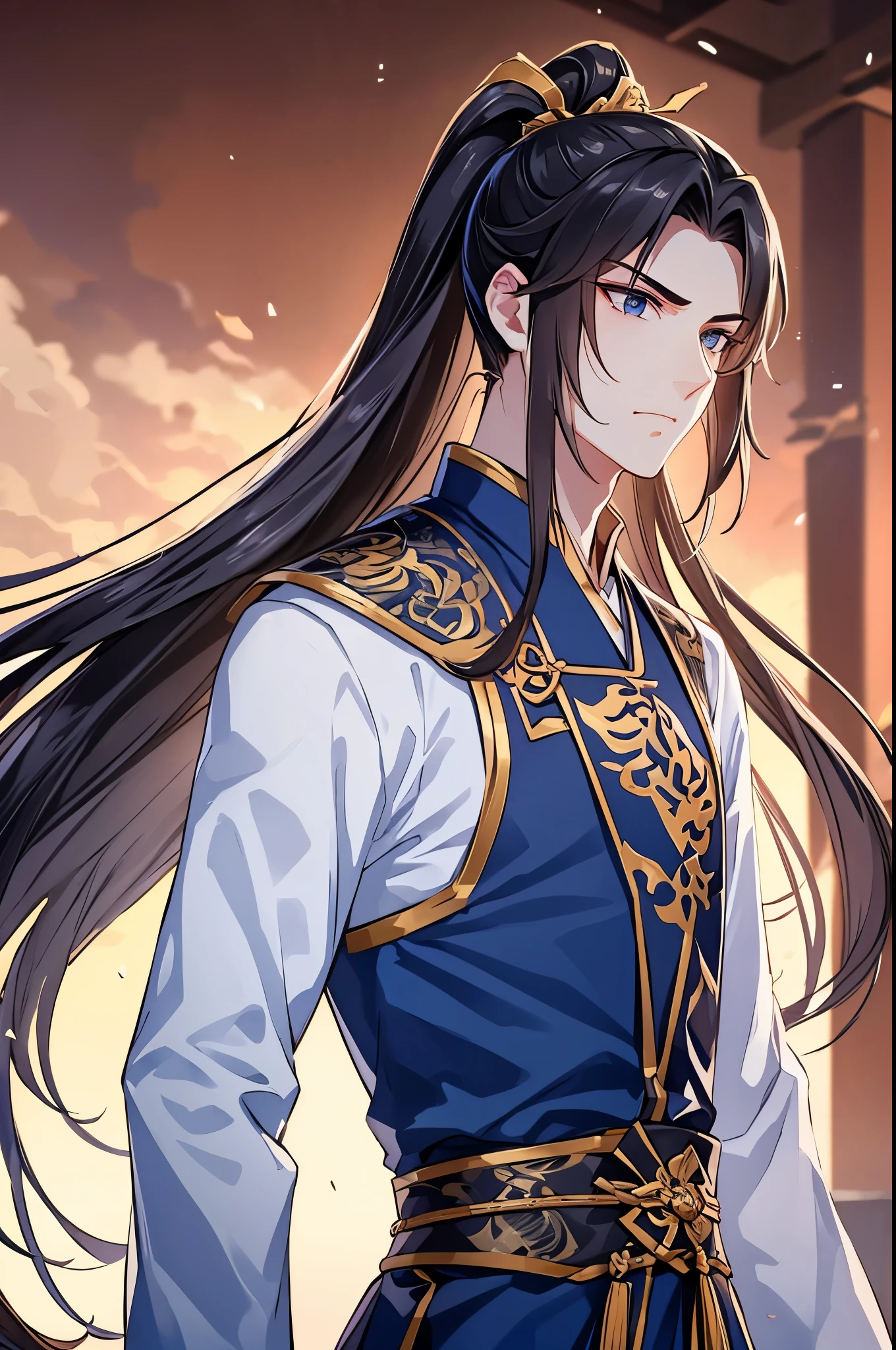 Best quality，tmasterpiece，16k,A boy with，Fighting posture，blue clothes，Hanfu，Long hair and high ponytail，natta，rays of moonlight，Asian architecture，Elaborate Eyes，scowling，worry，xianxia，Upper part of the body，Chinese-style clothes，