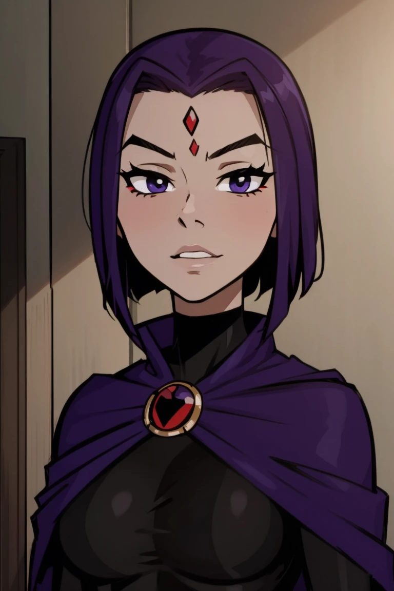 Raven, RavenTT, goth girl, red jewel on forehead, realistic body, standing in room