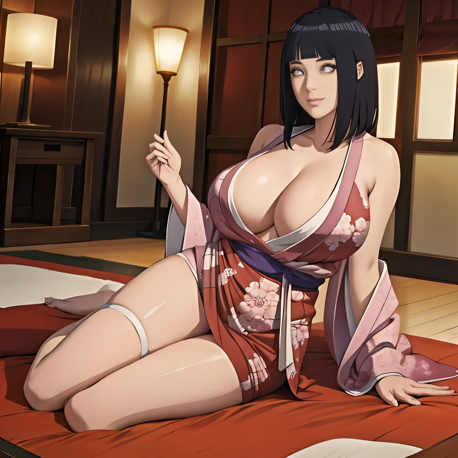 Masterpiece, best quality photo, 32K HDR resolution, 1Woman, beautiful woman, wearing luxurious kimono, Tight Kimono, , Gigantic breast, Beautiful leg, at wedding ceremony, happy expression, showing her legs, looking viewer.