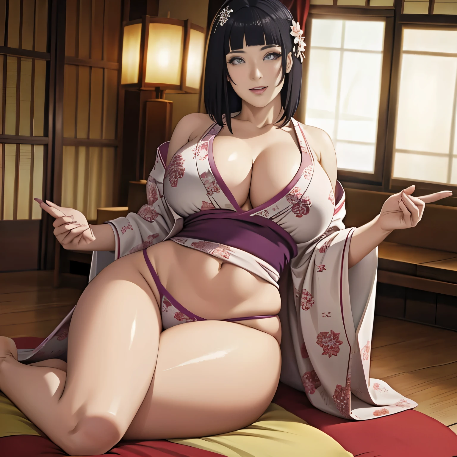 Masterpiece, best quality photo, 32K HDR resolution, 1Woman, beautiful woman, wearing luxurious kimono, Tight Kimono, , Gigantic breast, Beautiful leg, at wedding ceremony, happy expression, showing her legs, looking viewer.