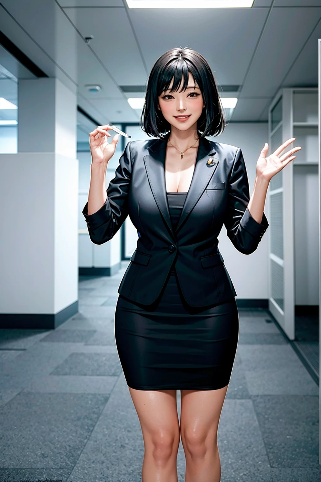 (modern office indoors), 1lady, solo, mature female, (black medium hair), bangs, (suit), (jacket), open jacket, (pencil_skirt), (black pantyhorse), ((id card)), blush kind smile, (masterpiece best quality:1.2), delicate illustrations, high resolution, super detail, (huge breasts:1.1)