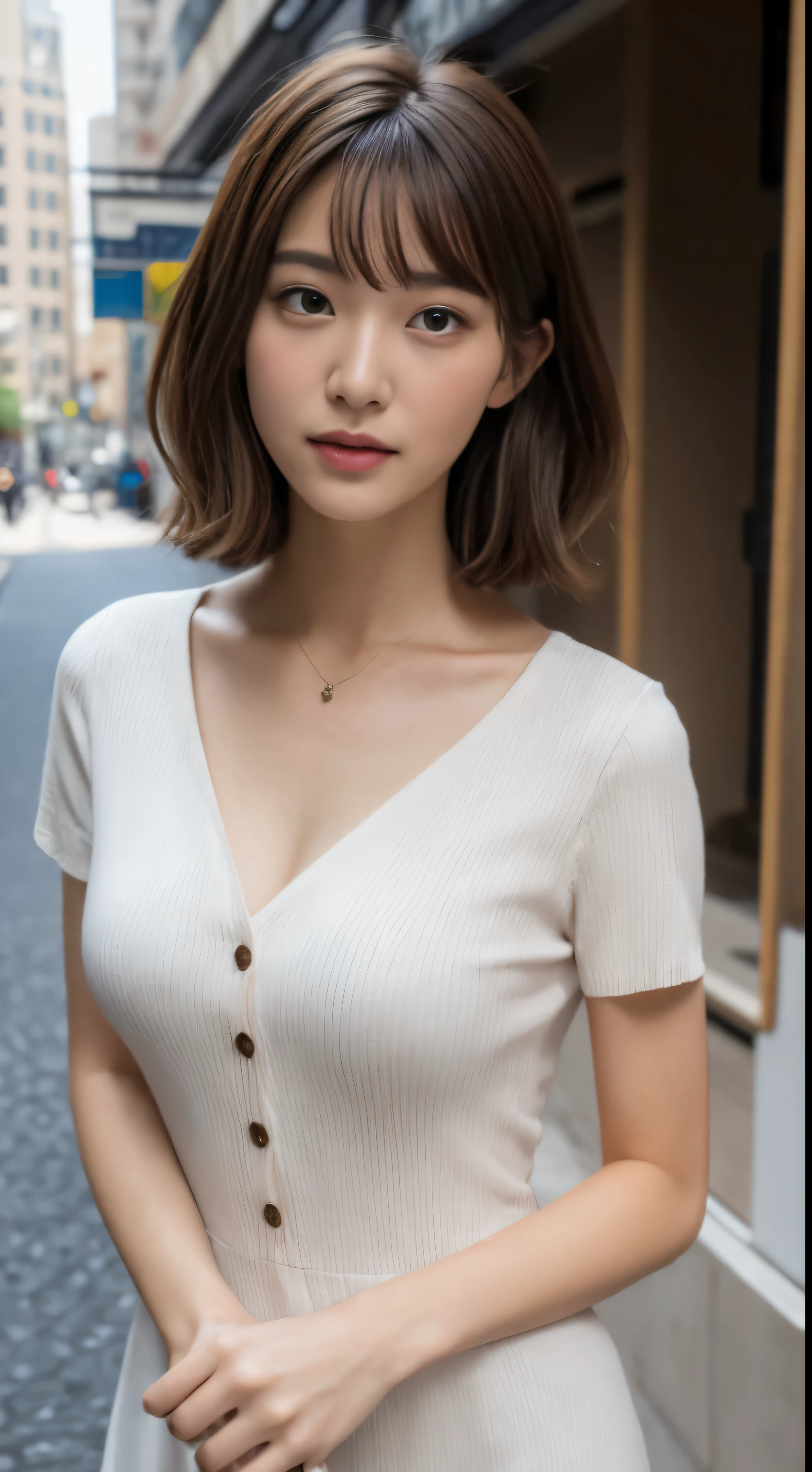 ((top-quality、8K、​masterpiece：1.3))、foco nítido：1.2、Beautiful Women in Perfect Style：1.4、Slender Abs：1.2、((dark brown hair、Colossal tits：1.2))、(natural soft light、City Street:1.1)、Highly detailed facial and skin texture、A detailed eye、二重まぶた、dress shirts、