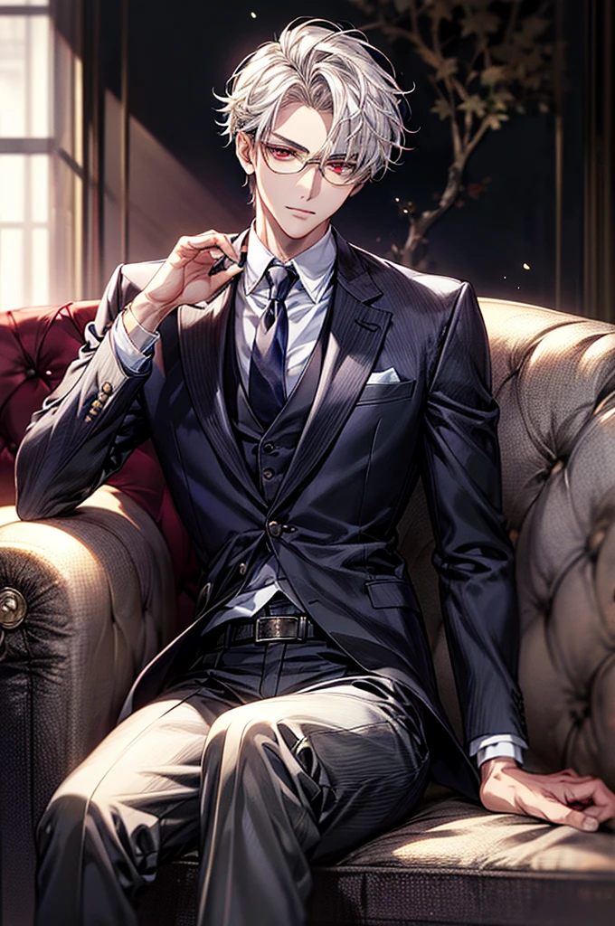 Depiction in motion、T hotel masterpiece,best qualtiy,1 male,As-,With short white hair,The shirt, seminude、anime handsome guy,Wearing a strict business suit, Dark suit, Handsome anime pose in suit and tie, Handsome stunning realistic,Red eyes、Adonis、Dressed in a suit、A detailed face、Classic、Arrogant man、Adults、top grade、Center division、Forehead、A sexy、Sit on a luxury sofa、eye glasses、(best qualtiy,8K,tmasterpiece),best light,Best Shadow,电影灯光,reflection skin,Face Focus