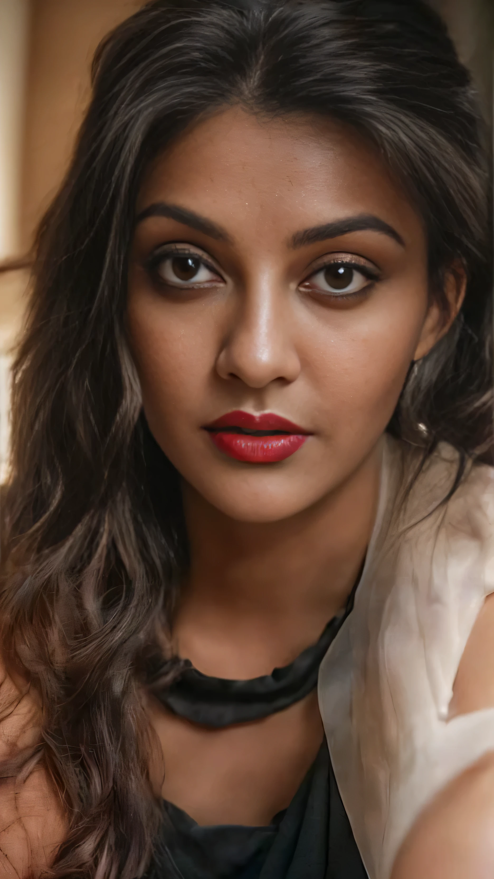 (editorial photograph of a young Indian woman with big boobs red lips)、karla ortiz, (highly detailed face:1.4) (smile:0.7) (backround 5 star hotel , moody, private study:1.OV, by lee jeffries, nikon d850, film stock photograph ,4 kodak portra 400 ,camera f1.6 lens ,rich colors ,hyper realistic ,lifelike texture, dramatic lighting , cinestill 800, realistic, wearing Black dobby weave self design fit & flare dress Sweetheart neck Short, puff sleeve Tie-up detail on back Above knee length in flounce hem Attached Lining Chiffon fabric, actress, karla ortiz, posing!!, candid picture, by Max Dauthendey