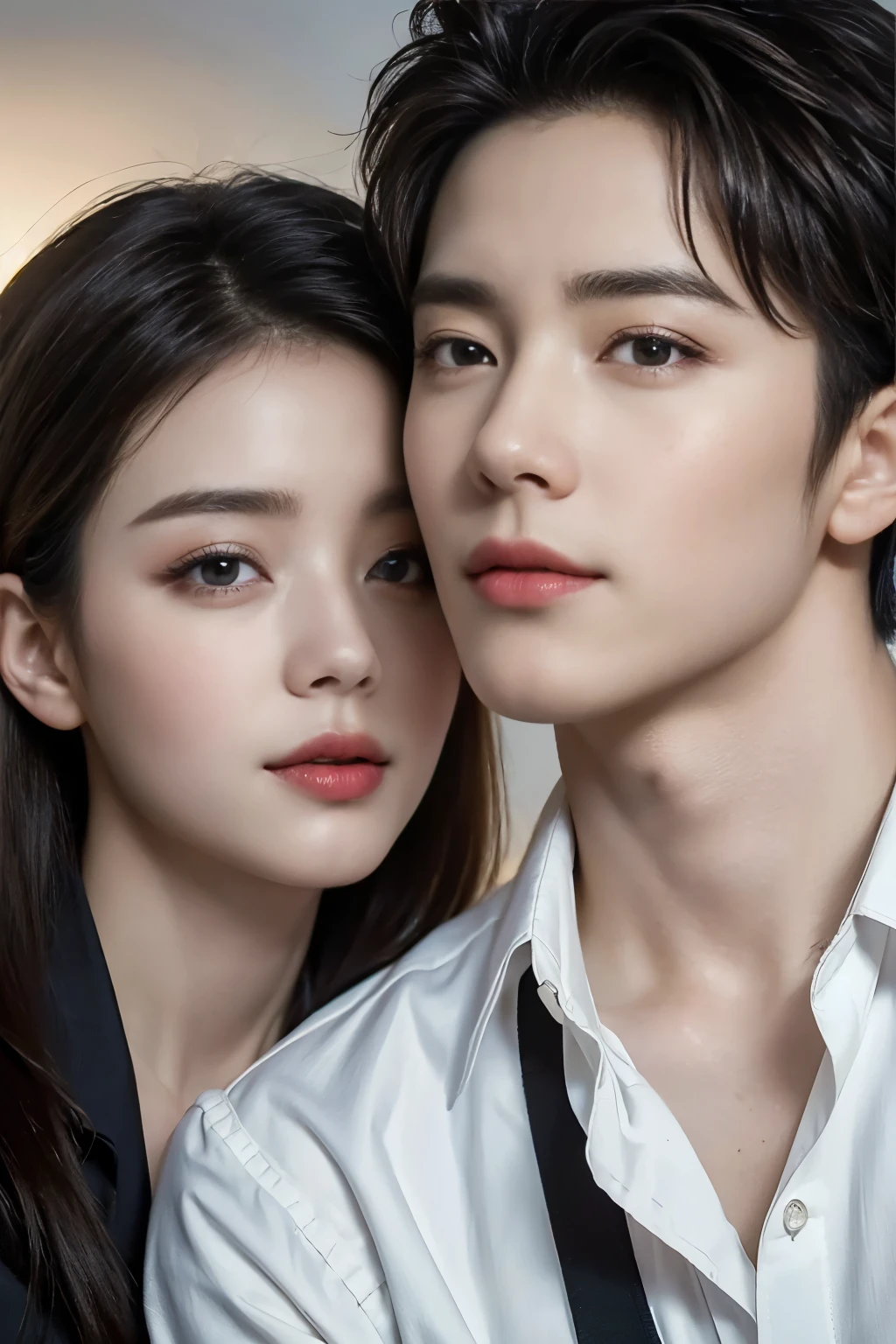 (best quality,4k,8k,highres,masterpiece:1.2),ultra-detailed,(realistic,photorealistic,photo-realistic:1.37),beautiful Asian couple, And Handsome Man Asian, eyes detailed, eyes korean, detailed features,romantic setting,soft lighting,vibrant colors,portrait painting,bokeh