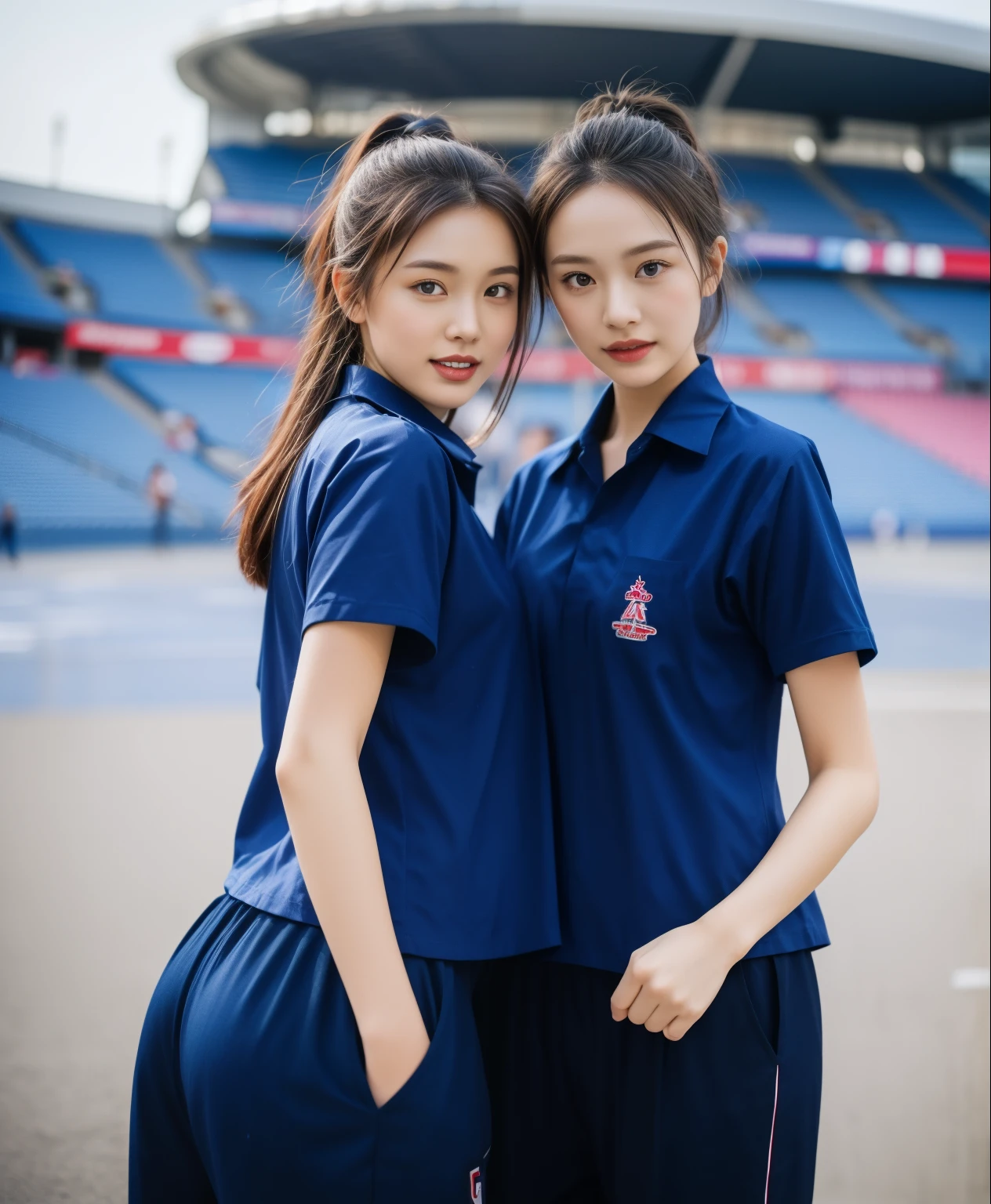 (bestquality,10,10,highres,masterpiece:1.2),ultra-detail,(Realistic,ภาพRealistic,photo-realistic:1.37),1 Cute girl in the football field,oily shiny skin,bara,light smile,BDclothelue shirt:1.3)),short sleeves,shirt, trousers.,(navy_long_ติดตามtrousers:1.1), ((Stadium Background:1.3)),dynamic angle,excited,face focus,Dynamic Poses,from behide,Ass Focus,masterpiece, bestquality, ultra realistic, hyper-detail, 8k resolution, RAW photo, crisp focus, ((Navy blue shirt:1.1)), short sleeves, เส้นทางlong, Complete bodyแบบ, 2 mature women, 18yo, cinematic light,trousersวอร์มสีน้ําเงิน,Gymware,Correct anatomy,Complete body, Correct body, sharp face, Correct bodyทางกายวิภาค, full entire body, Realistic gestures, long-haired, Realistic poses,Wear long shorts..............................,ช่วงขาlong,Shapely,Sculpting Girl, Slender Figure, mannequin mannequins, Shapely, Beautiful body,trousersวอร์มสีน้ําเงิน, Two girls kissing