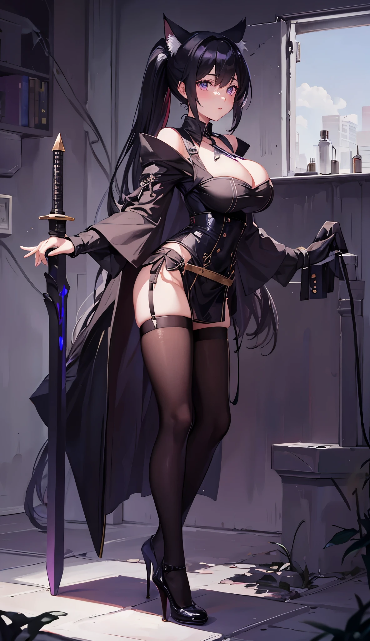 Cat-eared female warrior,black suspenders stockings,closeup cleavage, The world of dreams, relic, 废墟,Cat ears,White-colored skin的女孩 , put on collar,Cat-eared girl, White-colored skin, High ponytail details,She wears a tight battle suit and bikini armor,a black cloak,Short white clothes skin color, a purple eye, black color hair, 凌乱的High ponytail details, black suspenders stockings,high-heels,holding a longsword