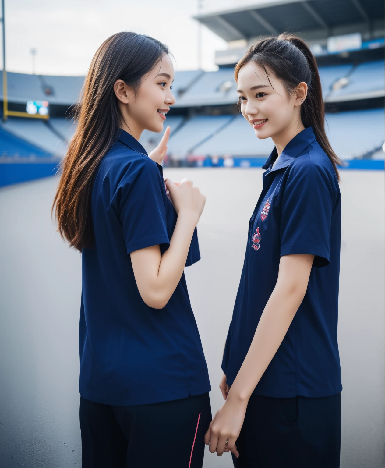 (bestquality,10,10,highres,masterpiece:1.2),ultra-detail,(Realistic,ภาพRealistic,photo-realistic:1.37),1 Cute girl in the football field,oily shiny skin,bara,light smile,BDclothelue shirt:1.3)),short sleeves,shirt, trousers.,(navy_long_ติดตามtrousers:1.1), ((Stadium Background:1.3)),dynamic angle,excited,face focus,Dynamic Poses,from behide,Ass Focus,masterpiece, bestquality, ultra realistic, hyper-detail, 8k resolution, RAW photo, crisp focus, ((Navy blue shirt:1.1)), short sleeves, เส้นทางlong, Complete bodyแบบ, 2 mature women, 18yo, cinematic light,trousersวอร์มสีน้ําเงิน,Gymware,Correct anatomy,Complete body, Correct body, sharp face, Correct bodyทางกายวิภาค, full entire body, Realistic gestures, long-haired, Realistic poses,Wear long shorts..............................,ช่วงขาlong,Shapely,Sculpting Girl, Slender Figure, mannequin mannequins, Shapely, Beautiful body,trousersวอร์มสีน้ําเงิน, Two girls kissing