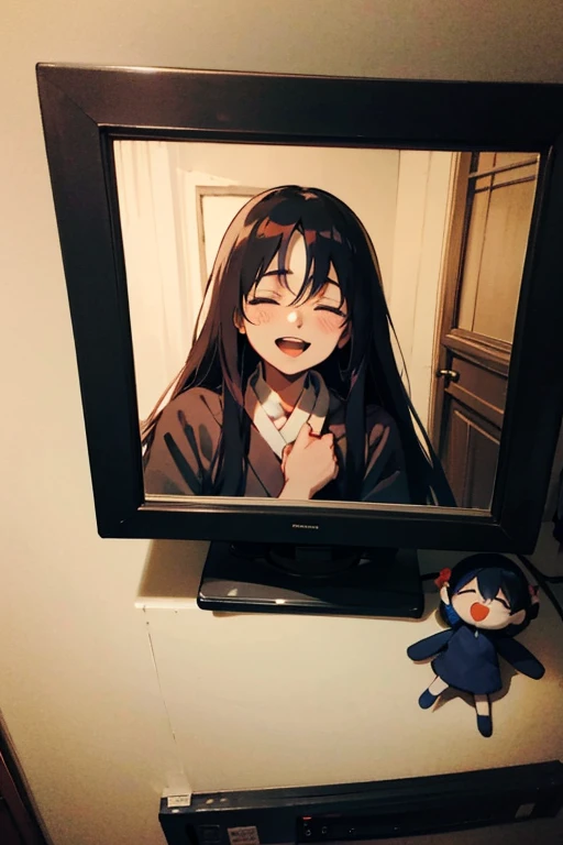 There is a picture of Ares Saga laughing on the wall，Sadako climbed out of the TV on the wall，The sleeping girl holds a doll of Ares Saga，Ares Saga&#39;s smiling photos