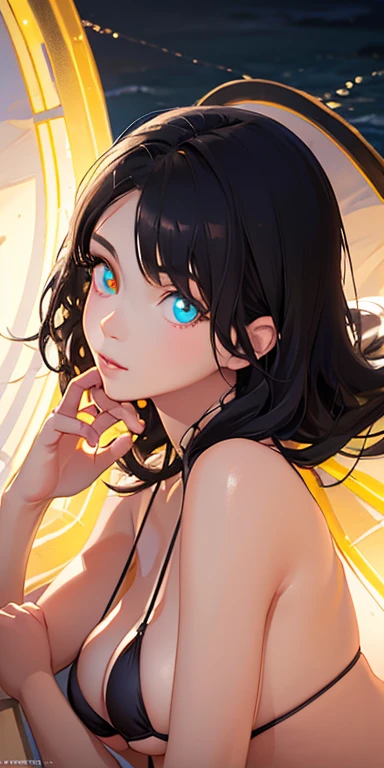 , small bre short black hair,messy hair, (photorealistic:1.4), (masterpiece, sidelights, exquisite beautiful eyes: 1.5), masterpieceportrait, realistic, 3D face,kawaii face,from above: 1.5、 (glowing eyes:1.5),(tareme:1.5)、Rosy Mouth,Slim Body, shiny hair, shiny oil skin: 1.5、large breasts:1.3,solo,(lying on the beach)、(Black micro bikini)、(charactor focus:1.5、portrait)、upper body,in beach