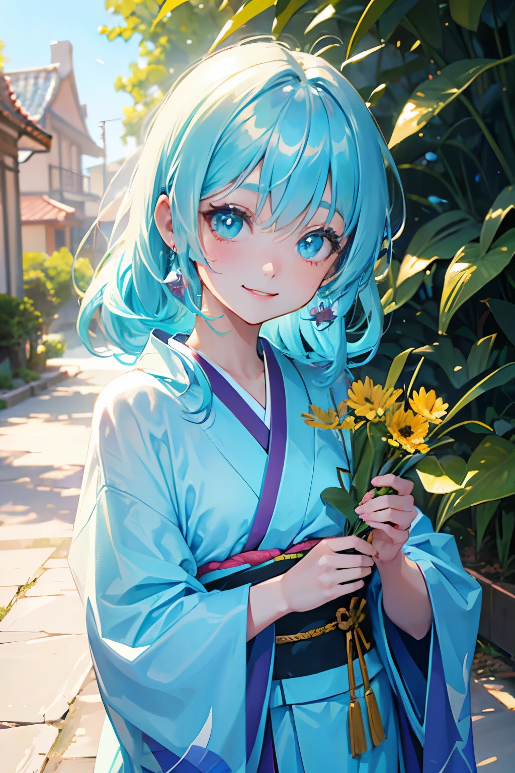 1 Girl solo, cyan eyes, cyan hair, kimono, smile, Sunnyday, iridescent light, glowing, new year