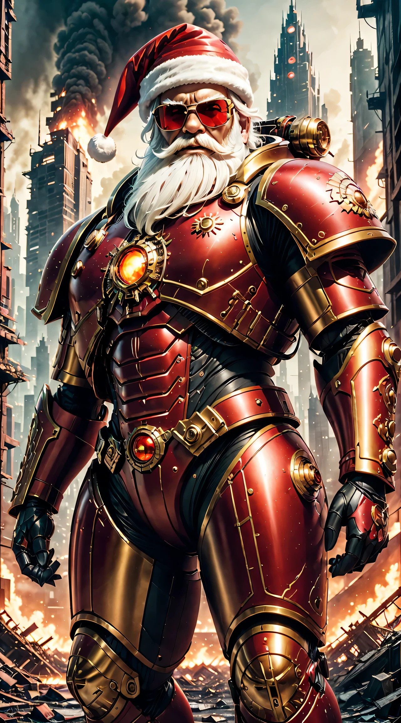 Warhammer 40K universe,santa,Red and gold mechanized armor suit,luminous sunglasses,War-torn environment,Destroyed buildings and flames,Futuristic cityscape background，severe and threatening atmosphere，Sci-fi cyberpunk aesthetics，High contrast and desaturated tones for natural lighting,(Best quality,4K,8K,A high resolution,tmasterpiece:1.2),ultra - detailed,(actual,photoactual,photo-actual:1.37).