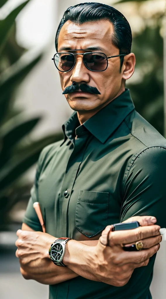 50 years old，Hidetoshi Nakata ，（Kogoro Mouri 1.3), A man in a dark green shirt, ray ban sunglasses, rolex watch, tong, mustache，little beard，nice morning background, masterpiece，4k hd