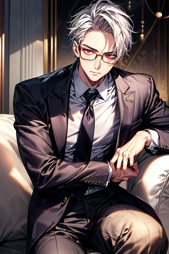 Depiction in motion、T hotel masterpiece,best qualtiy,1 male,As-,With short white hair,The shirt, seminude、anime handsome guy,Wearing a strict business suit, Dark suit, Handsome anime pose in suit and tie, Handsome stunning realistic,Red eyes、Adonis、Dressed in a suit、A detailed face、Classic、Arrogant man、Adults、top grade、Center division、Forehead、A sexy、Sit on a luxury sofa、eye glasses、(best qualtiy,8K,tmasterpiece),best light,Best Shadow,电影灯光,reflection skin,Face Focus、Strong body