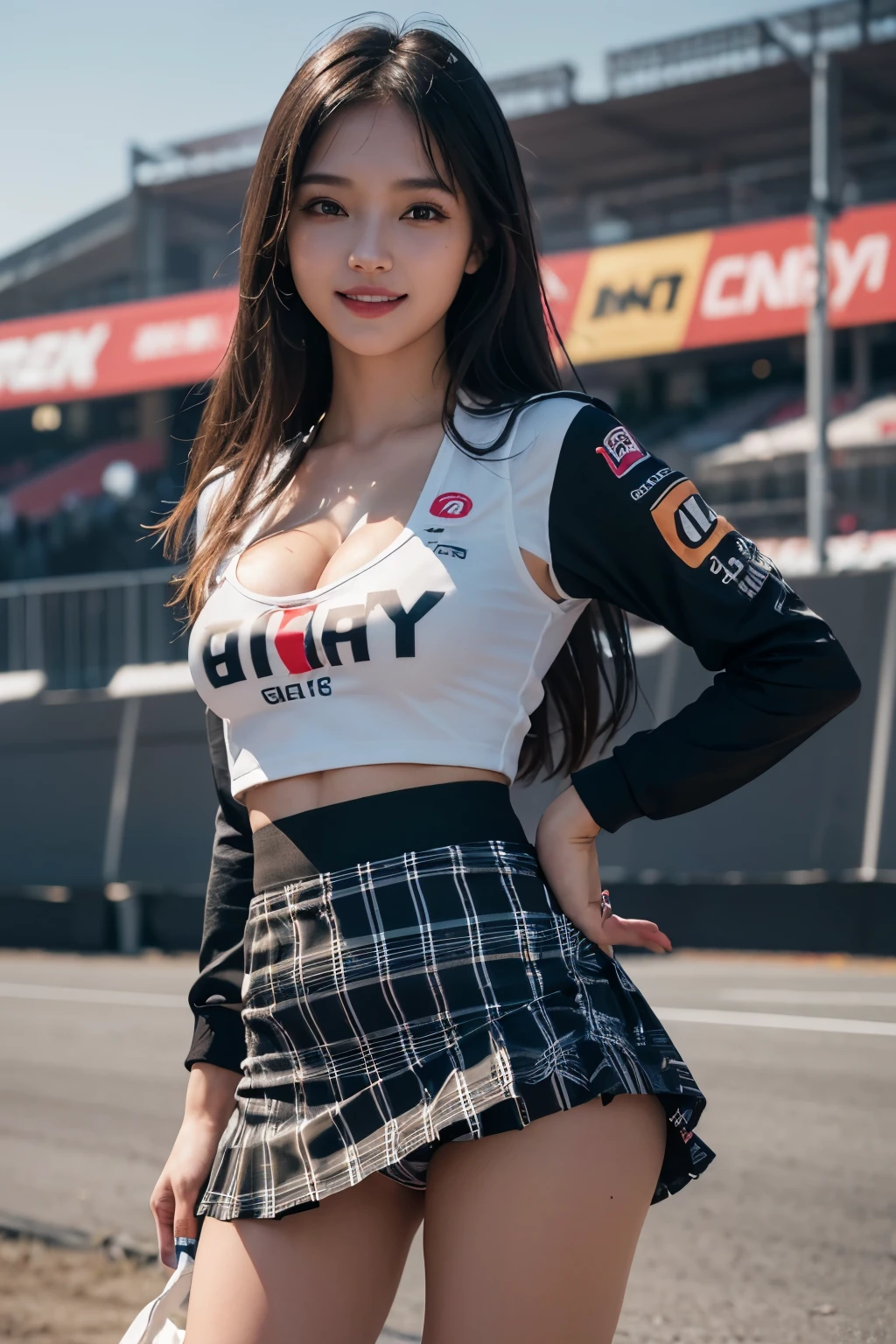 the Extremely Detailed CG Unity 8K Wallpapers, Best Quality, Ultra-detailed, masutepiece, Realistic, photographrealistic, extremely detailed cute girl, 25-years old, (Wearing a grid girl costume with sponsor's logo printed on it:1.3), (mini skirt ) , (standing in a motorsport race), , ((showing panties:1.3)), (cleavage), Smile , ass shot ,