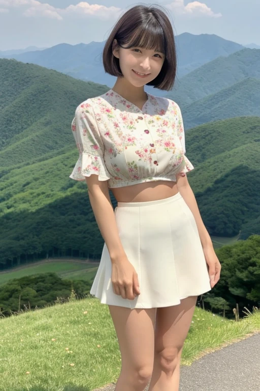 Japan Beauty,High r,Standing figure,A woman whose thighs are visible,Navel Ejection,Small,small tits,Short-sleeved blouse with bright floral pattern for small busts,White super mini skirt,Beautiful leg line beauty,Straight in front photo,a little bit smile,lean body,small bust,Small breasts,big breasts thin waist,Larger hips,Beautiful tight thighs,White sandals,Bob cut hair,a little brown hair,elongated facial contour,a little bit smile,Sharp cheeks,Round chin,neat nose,Looking at the camera,skinny cheeks,Round chin,Slender eyes,Beautiful eyes,Dark brown eyes,mountain ridge in the background,Nobeyama plateau in the background