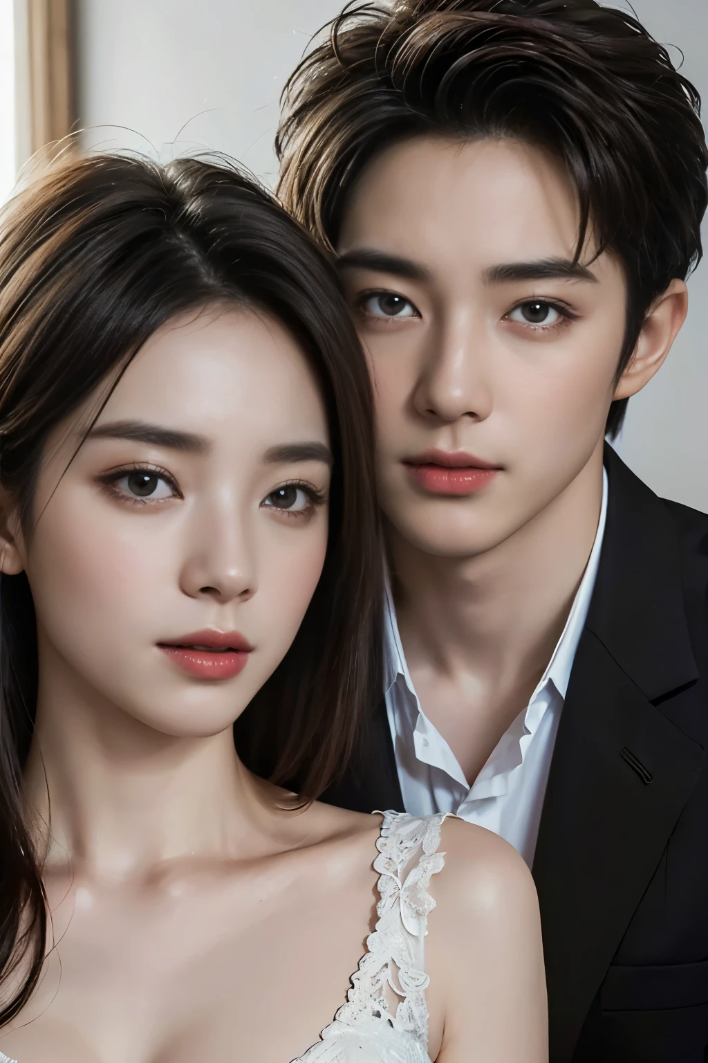 (best quality,4k,8k,highres,masterpiece:1.2),ultra-detailed,(realistic,photorealistic,photo-realistic:1.37),beautiful Asian couple, And Handsome Man Asian, eyes detailed, eyes korean, detailed features,romantic setting,soft lighting,vibrant colors,portrait painting,bokeh