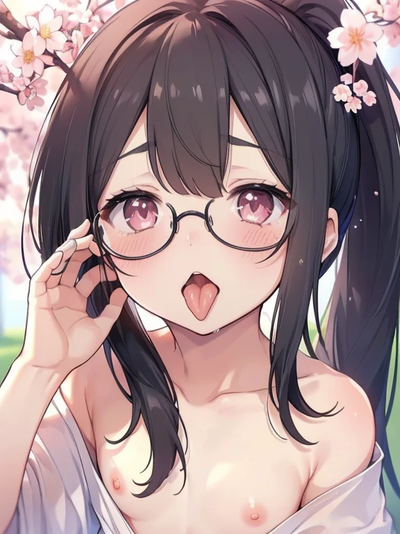 ultra-detailliert, Best Quality, hight resolution, ((A cute, small, black-haired, naked girl with droopy eyes wears round glasses and looks up.))、Pretty eyes, Detailed eye depiction, Eye sparkle, Looking at Viewer, Open your eyes, pale skin, (((Petite))), (flat chest:1.4), (blush:1.2), (big eye:1.4), (tareme:1.4), In the park where cherry blossoms dance, Focus on the face, long ponytail hair, ((super close up of tongue))、(((from above))), open_mouth, (((face only:1.4))), ((naked)), nsfw, saliva, close up of face, up of face, (close up face:1.4)