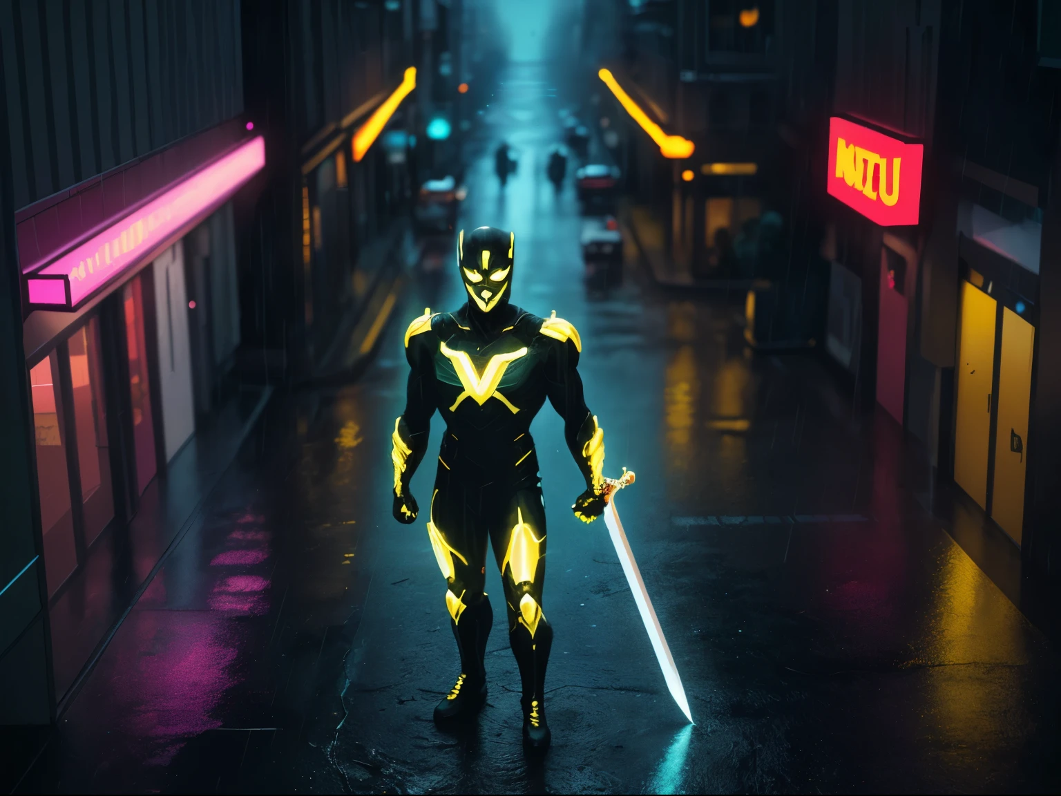 a photo of super hero, using mask, bring light sword, with black and yellow dominant colors, standing in a city street at night in the rain, 8k, (high quality:1.1), (cinematic feeling:1.1), dark deep shadows, incredibly intricate detailing, art , (up close:1.1), from above, looking at viewer, (light sparkles:1.1), (chromatic aberration,:1.2) background with floating light artifacts , neon-colored glowing background