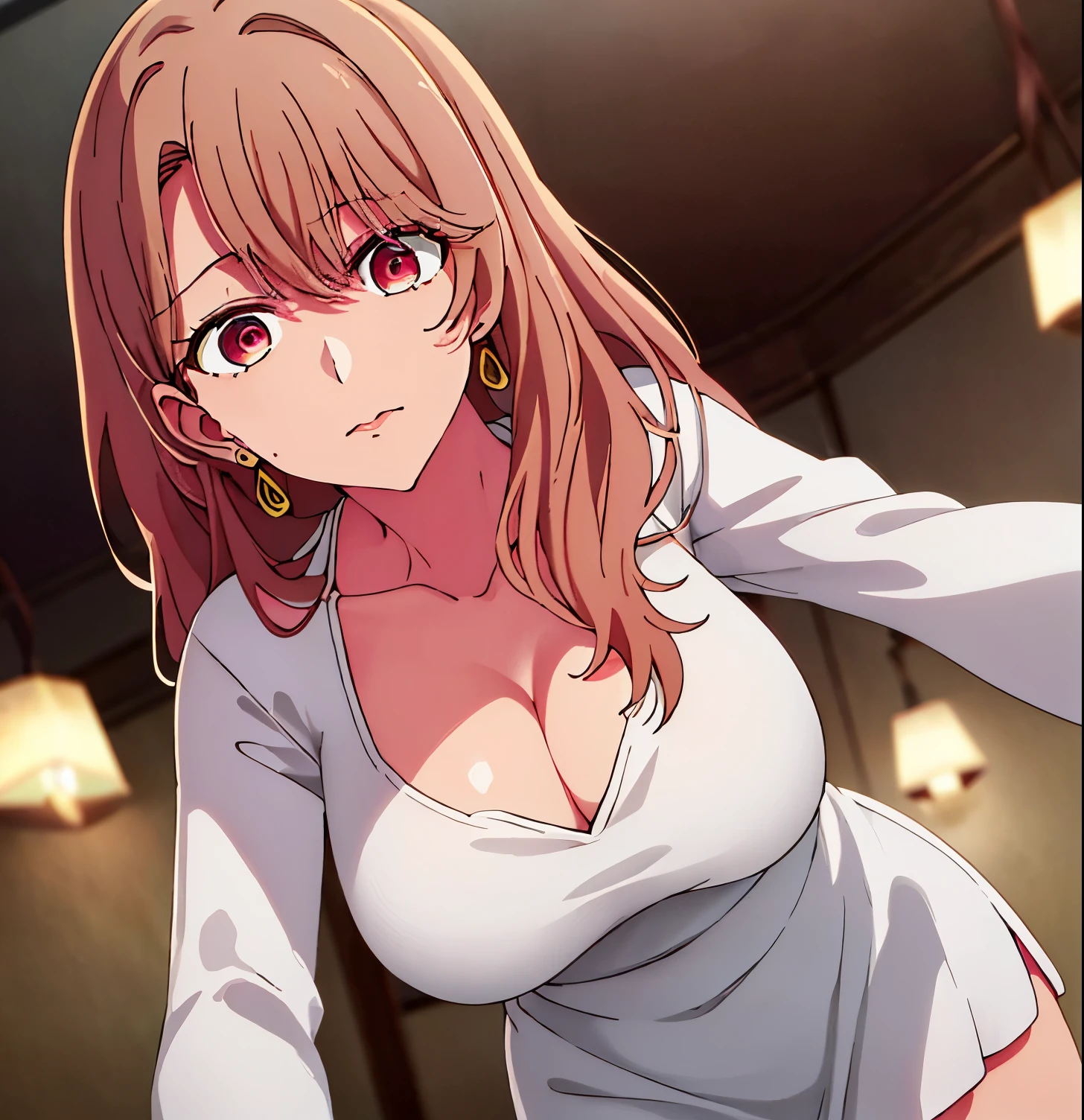 Simple White Background,
(White_jacket),(red_dress),(Deep_cleavage), long_sleeves,jewelry,collarbone, earrings,open_clothes,
pink eyes,light_brown hair,eyebrows_visible_through_hair,bangs,
1 girl, 20yo,Young female,Beautiful Finger,Beautiful long legs,Beautiful body,Beautiful Nose,Beautiful character design, perfect eyes, perfect face,expressive eyes,perfect balance,
looking at viewer,(Focus on her face),closed mouth, (innocent_big_eyes:1.0),Light_Smile,
official art,extremely detailed CG unity 8k wallpaper, perfect lighting,Colorful, Bright_Front_face_Lighting,shiny skin, 
(masterpiece:1.0),(best_quality:1.0), ultra high res,4K,ultra-detailed,
photography, 8K, HDR, highres, absurdres:1.2, Kodak portra 400, film grain, blurry background, bokeh:1.2, lens flare, (vibrant_color:1.2),professional photograph, 
(Beautiful,large_Breasts:1.4), (beautiful_face:1.5),(narrow_waist),